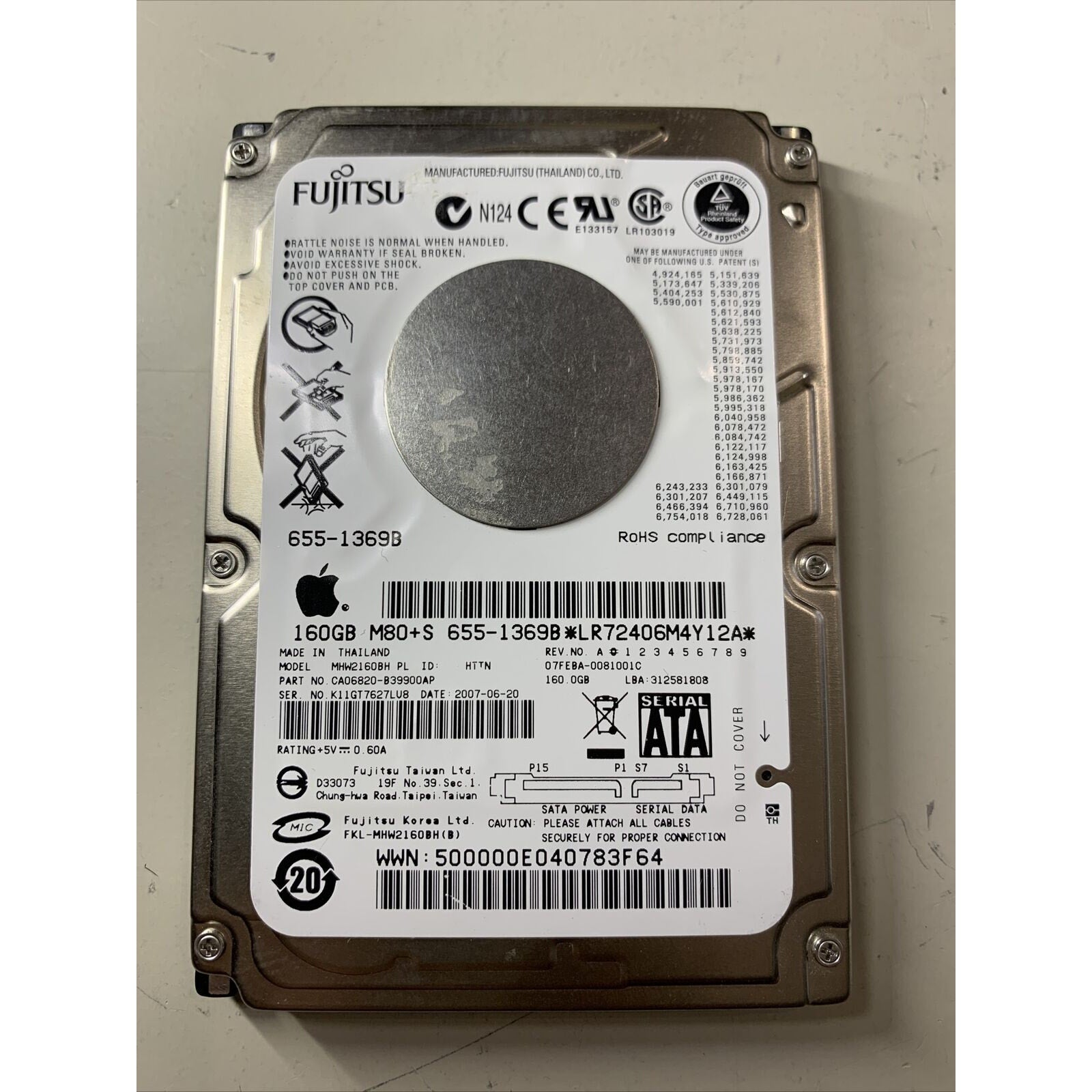 Fujitsu MHW2160BH PL 160GB 2.5" SATA Apple HDD 655-1369B 07FD9A CA06820-B39900AP