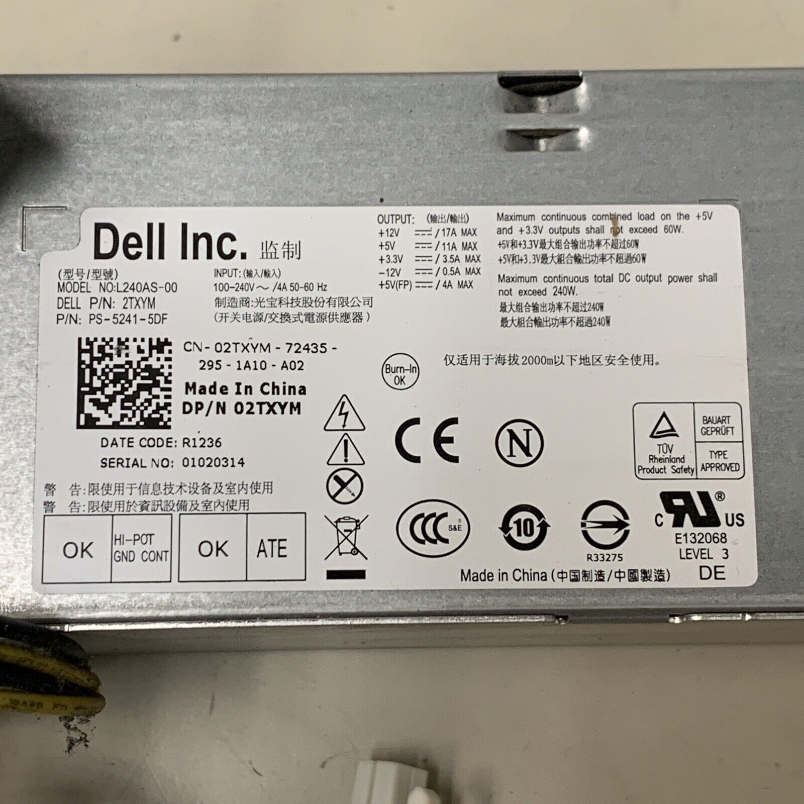 Dell 02TXYM 2TXYM 240W Switching Power Supply Unit Model L240AS-00 PS-5241-5DF