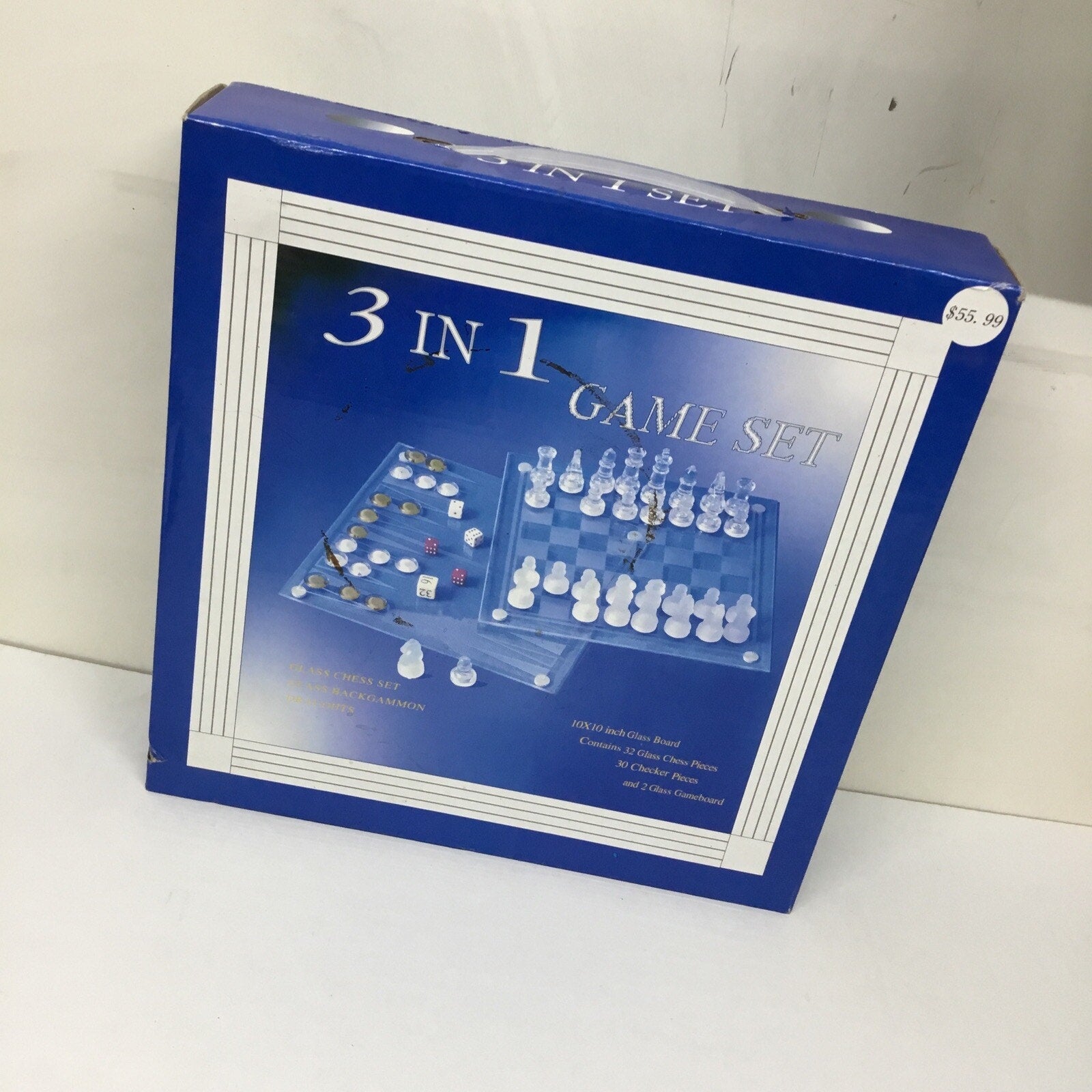 3 in 1 Game Set Chess, Checkers, Backgammon 10"x10" Glass Board and Chess Pieces