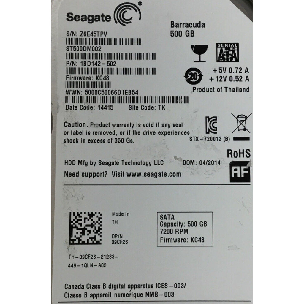 Seagate Barracuda ST500DM002 3.5" 500GB 7200RPM SATA Hard Drive 1BD142-502 9CF26