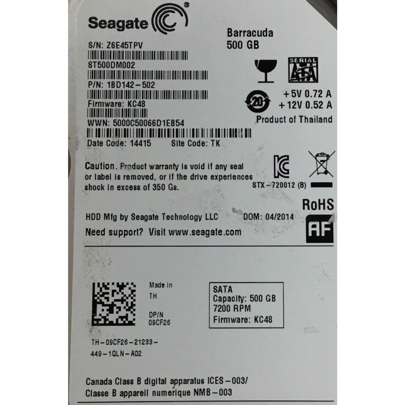 Seagate Barracuda ST500DM002 3.5" 500GB 7200RPM SATA Hard Drive 1BD142-502 9CF26