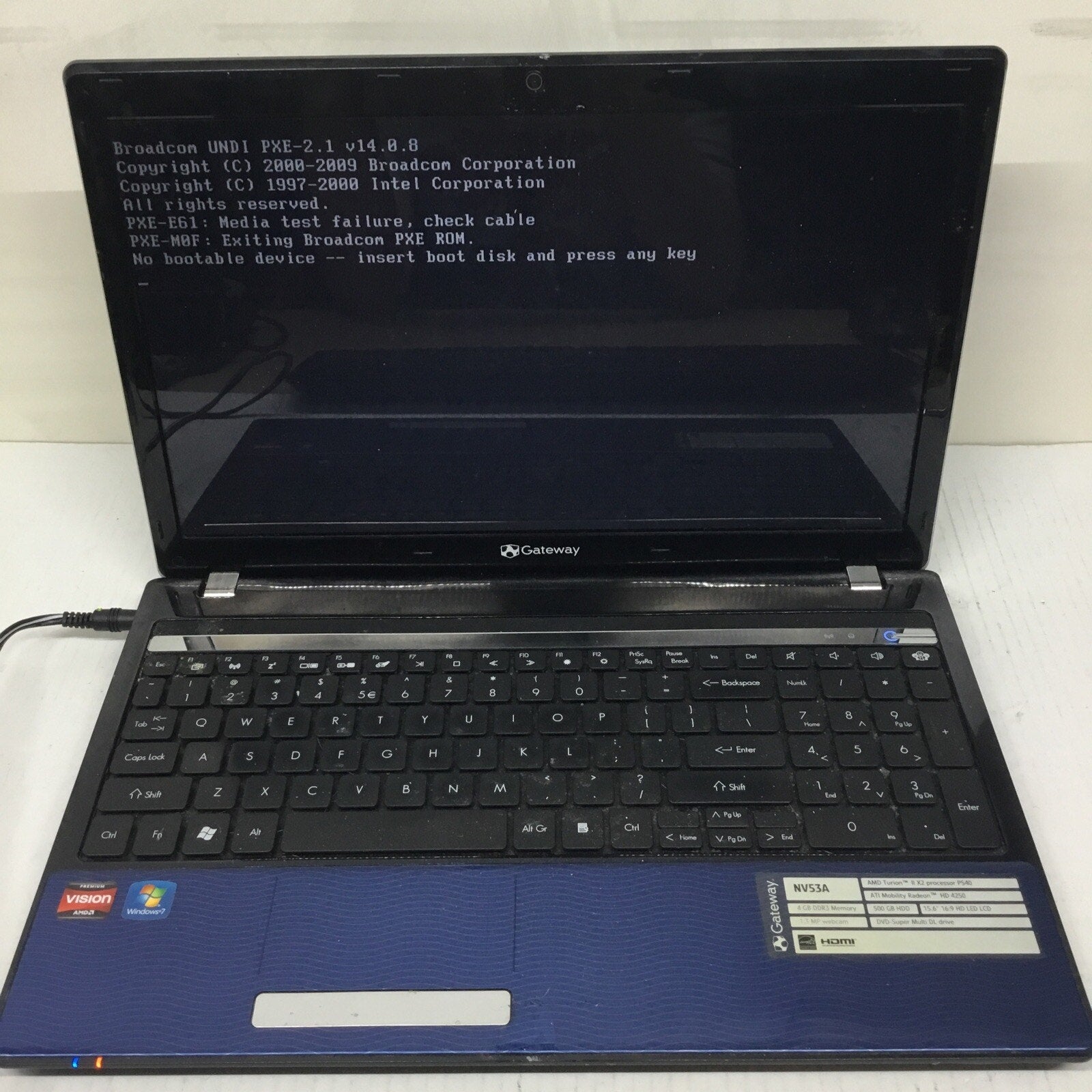 For Parts Gateway NV53A Laptop / No HDD / No Adapter / Bad Battery