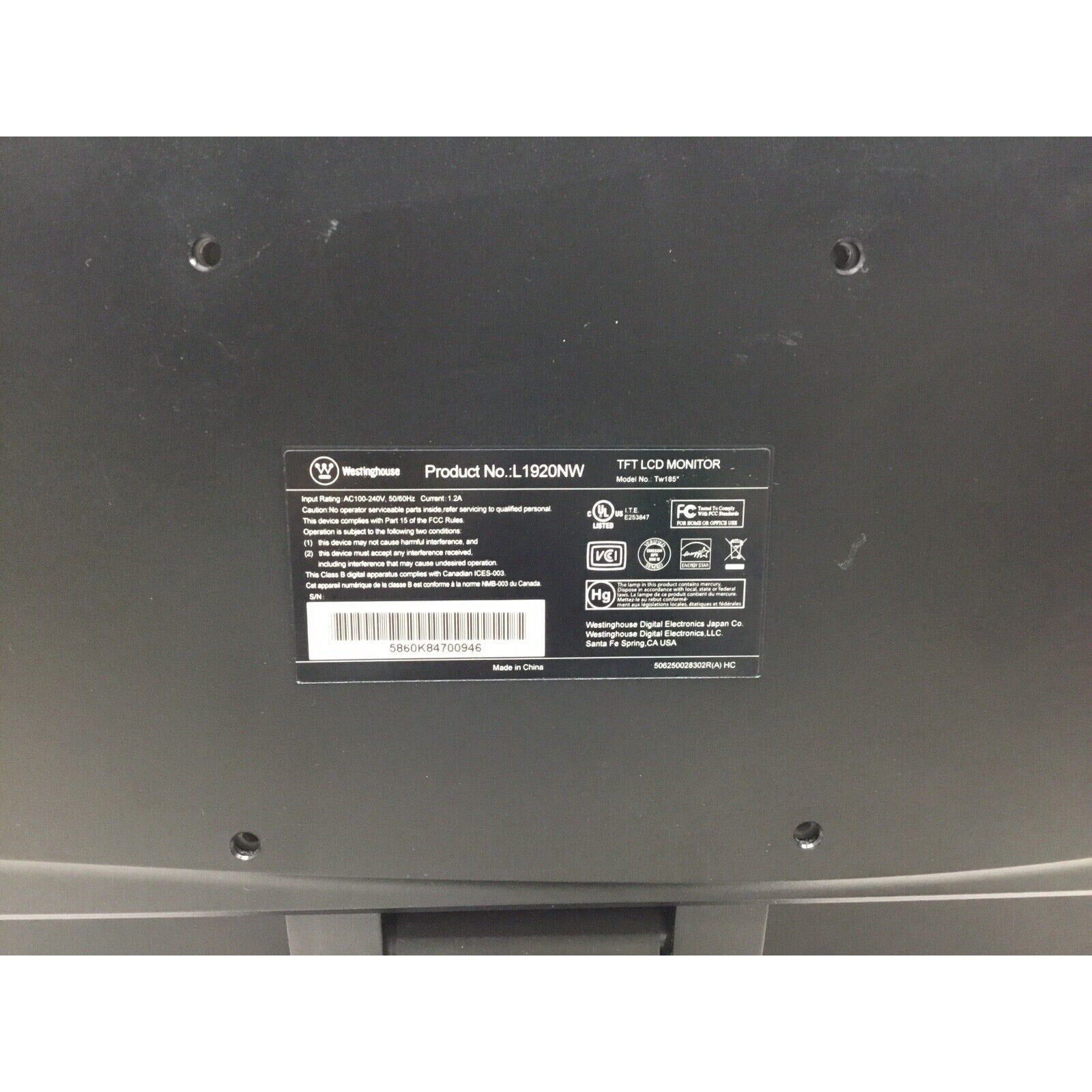 Westinghouse L1920NW 18.5" Widescreen Flat-Panel LCD HD Monitor Black