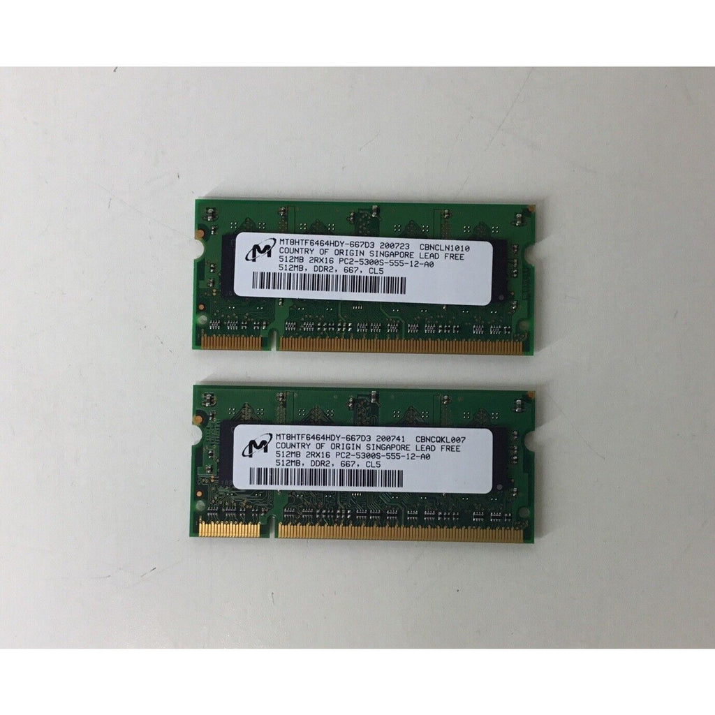 Lot of 2 - Micron PC2-5300 2x512MB SO-DIMM 667 MHz DDR2 Memory MT8HTF6464HDY