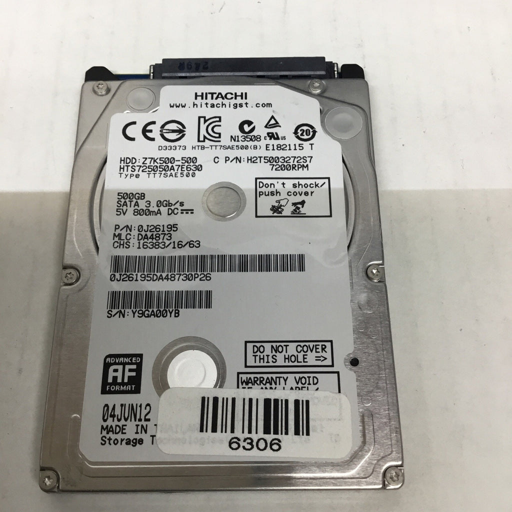 Hitachi HTS725050A7E630 0J26195 2.5" 500GB 7.2K RPM SATA Hard Drive
