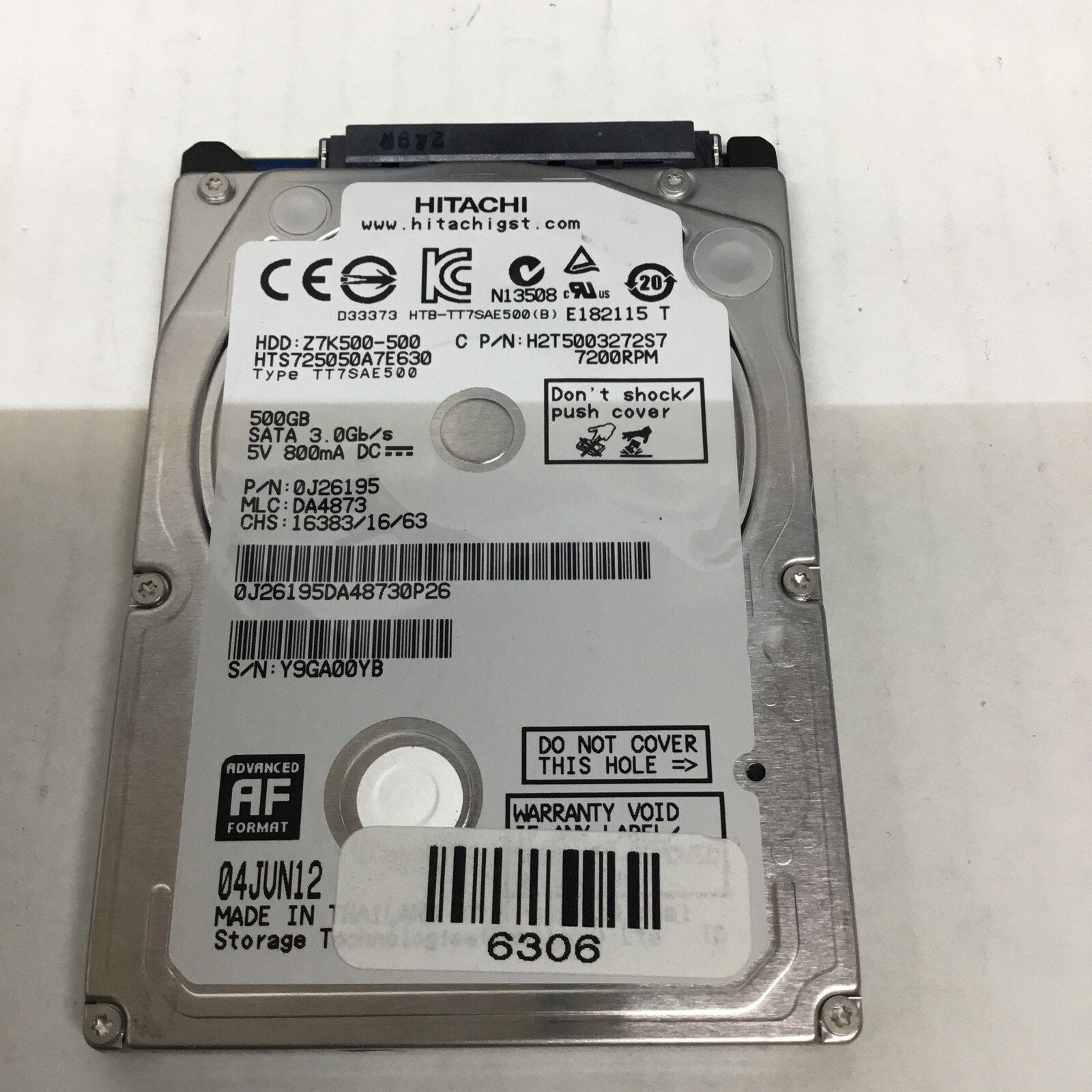 Hitachi HTS725050A7E630 0J26195 2.5" 500GB 7.2K RPM SATA Hard Drive