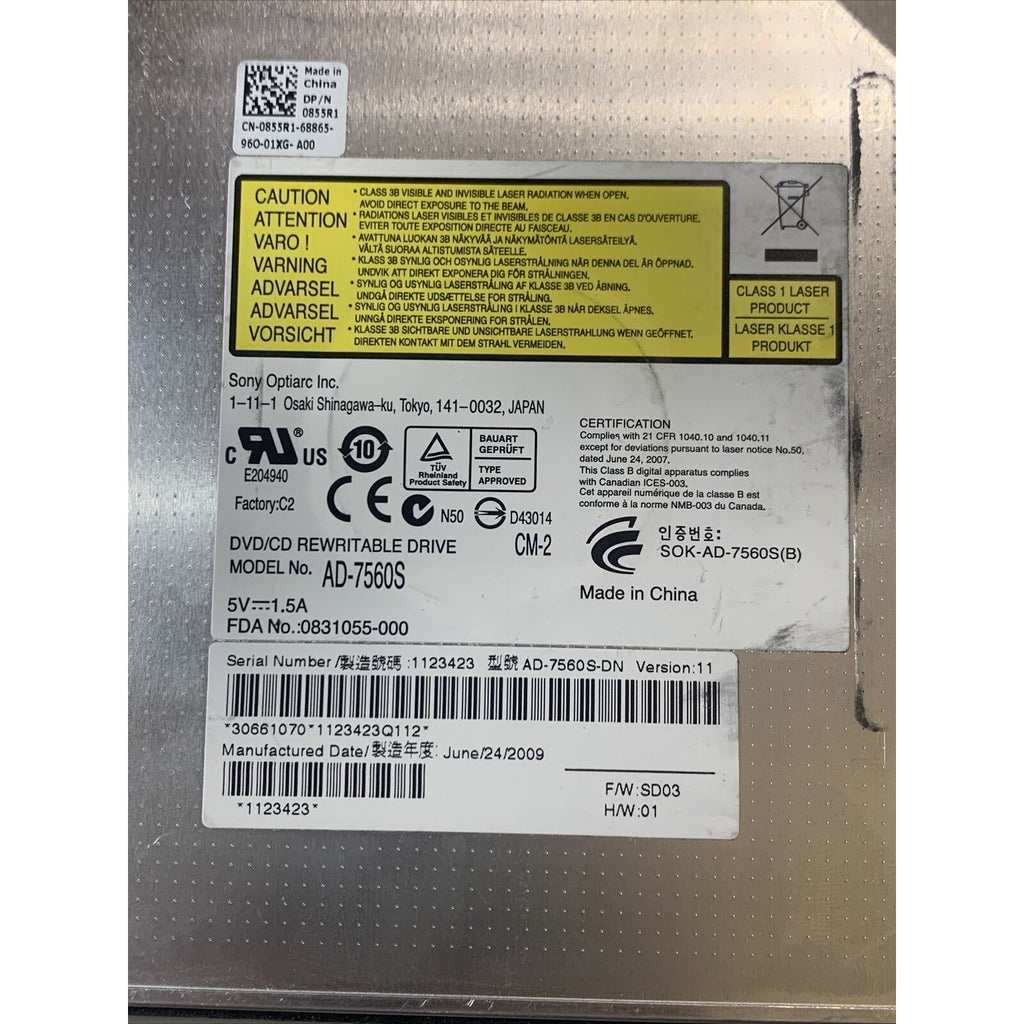 Dell AD-7560S Inspiron SATA DVD Writer Drive With Bracket - 0855R1 - No Bezel