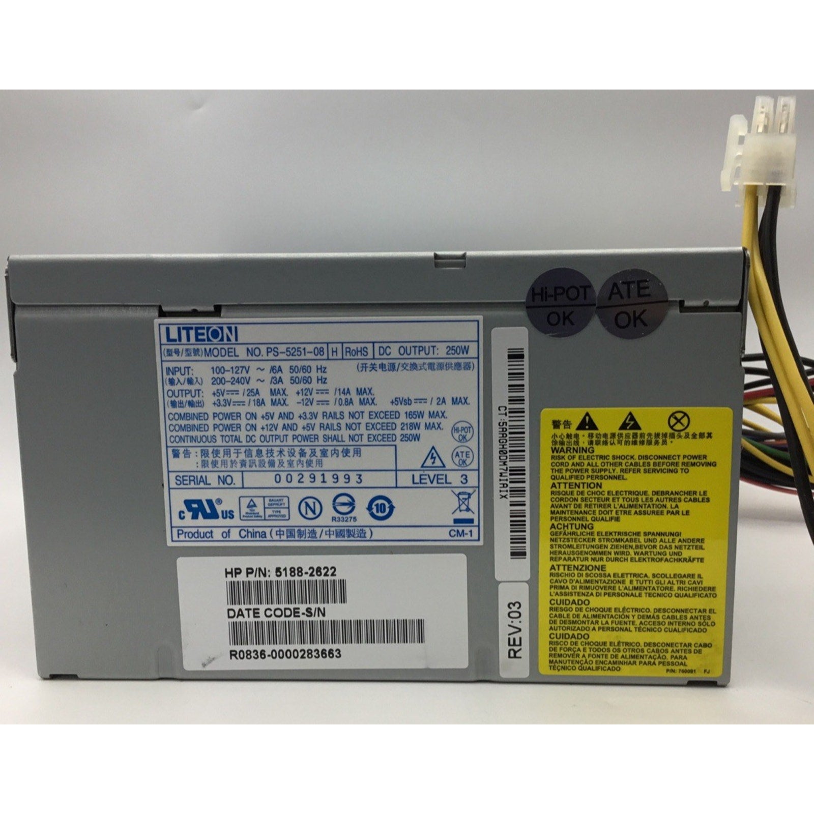 Liteon PS-5251-08 H REV 05 250W Power Supply 5188-2622