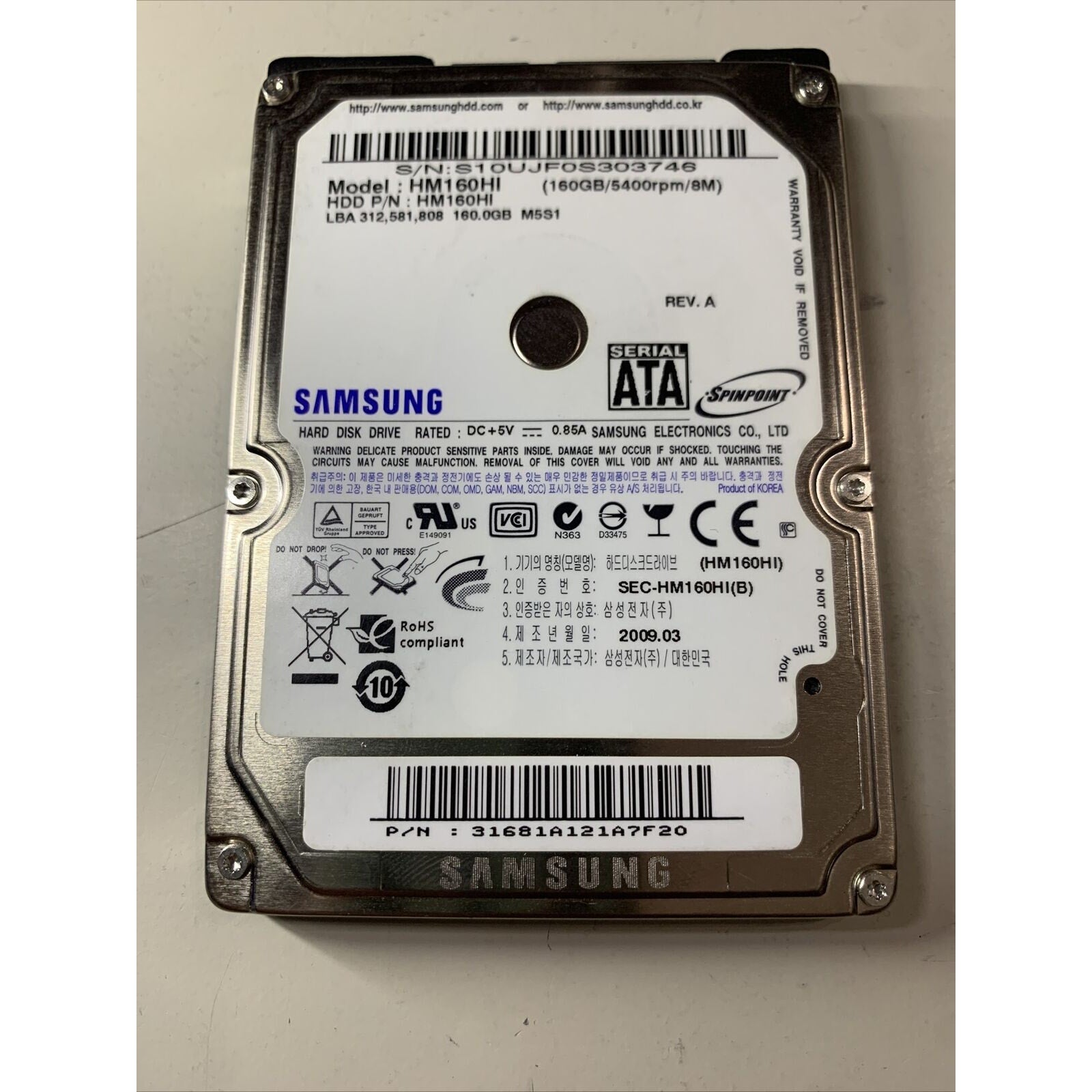 Samsung SpinPoint M5S1 HM160HI 160GB Internal HDD 5400rpm 2.5" Hard Disk Drive