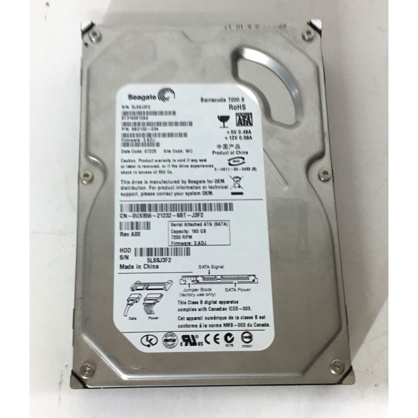 Seagate Barracuda ST3160812AS 9BD132-034 160GB 3.5" SATA 7200RPM Hard Disk Drive