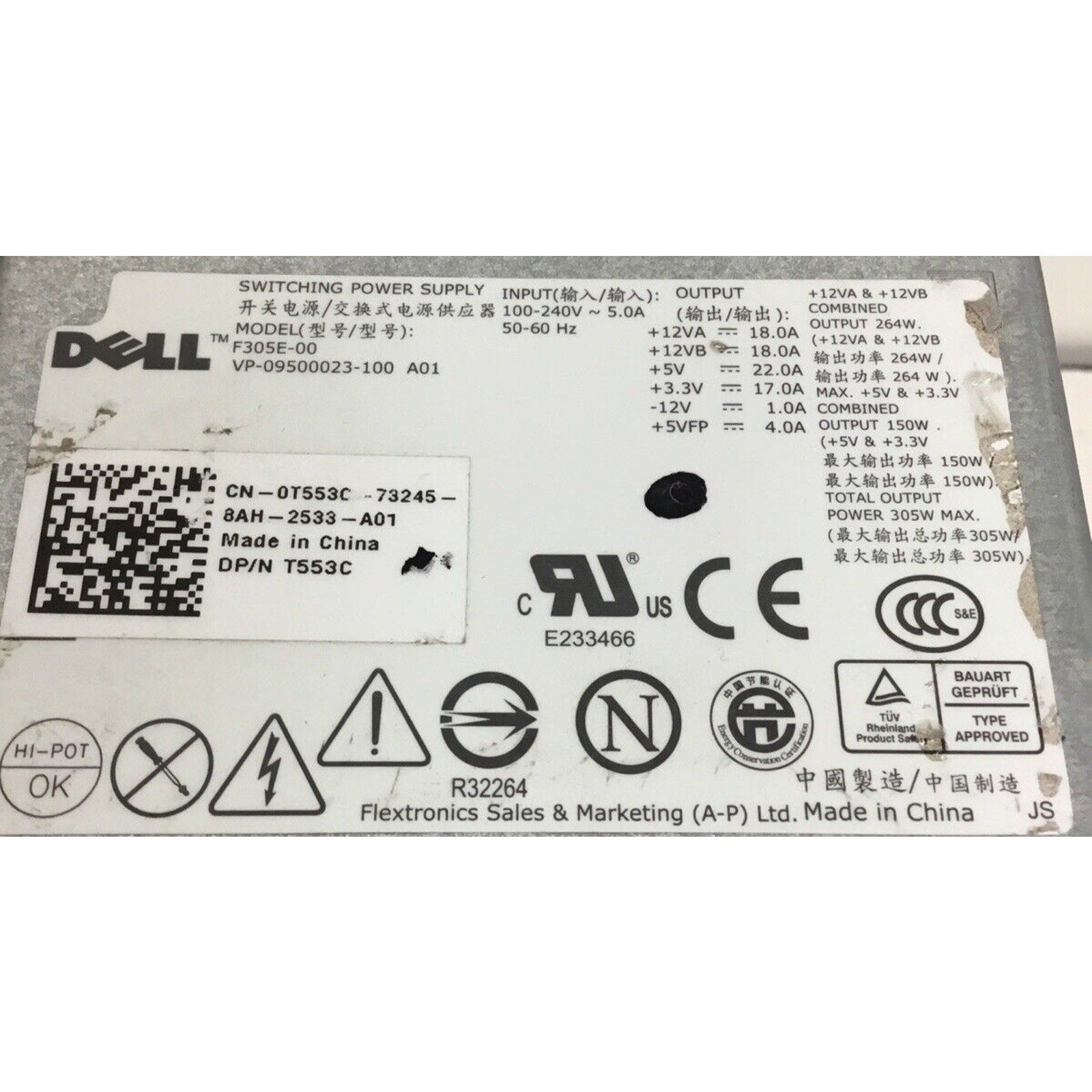 Dell 305W Power Supply F305E-00 0T553C T553C