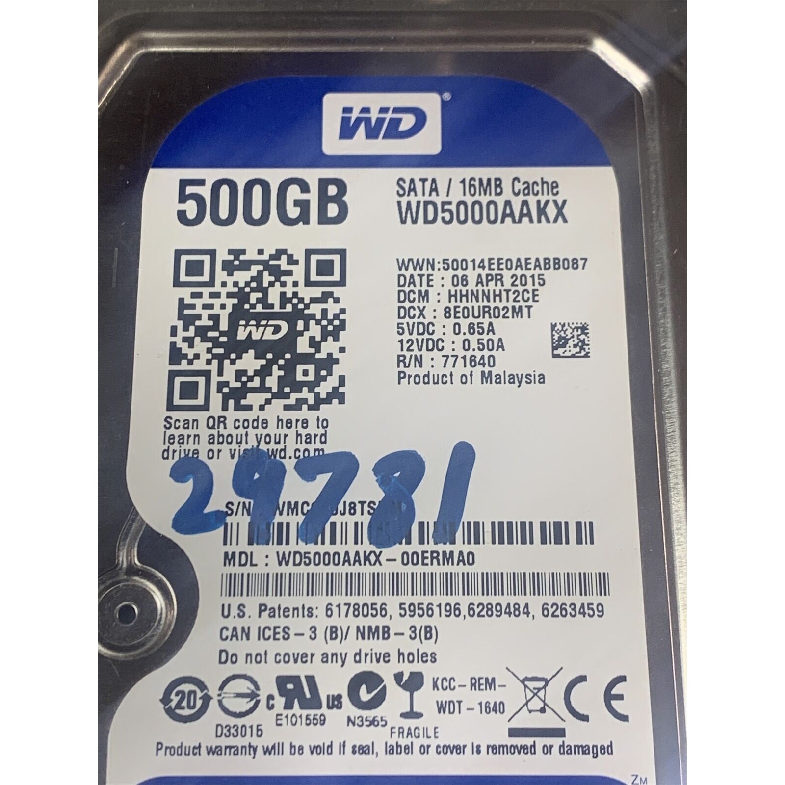 Western Digital WD5000AAKX-00ERMA0 500GB 3.5" SATA Desktop HDD 2060-771640-003