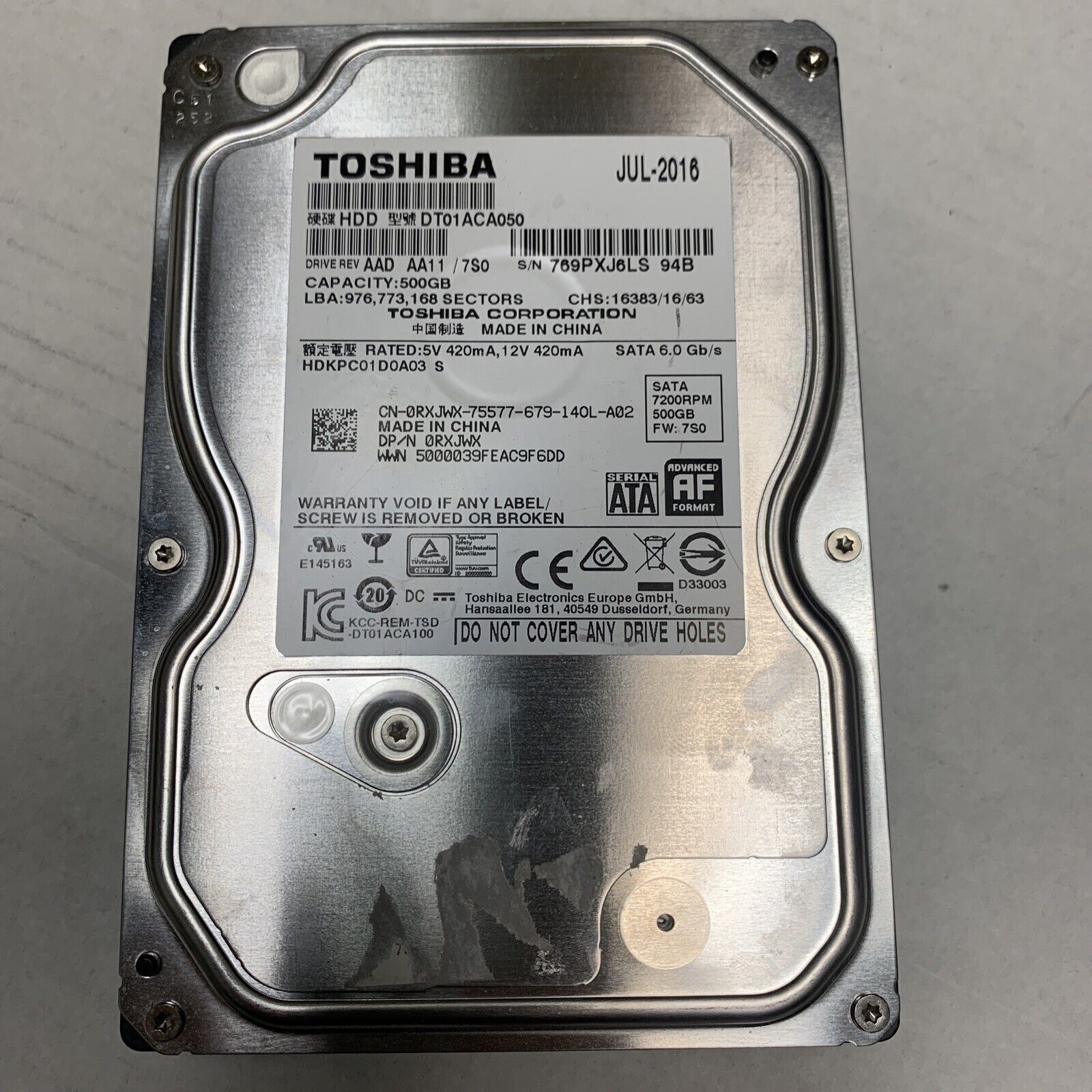 Toshiba 500GB,Internal,7200 RPM,3.5 inch DT01ACA050 Hard Drive