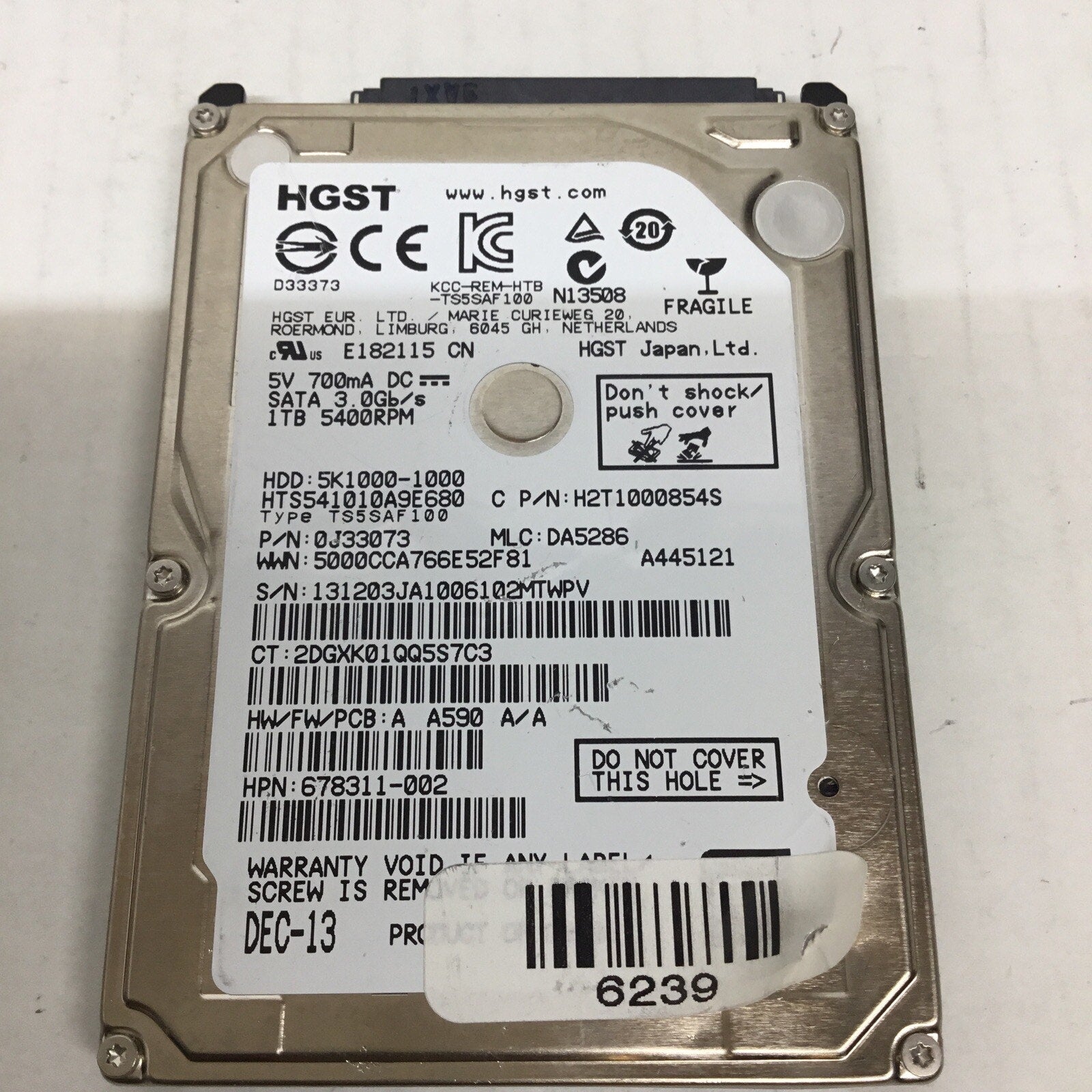 HGST/Hitachi HTS541010A9E680 MLC: DA5286 P/N: 0J33073 1TB SATA HDD