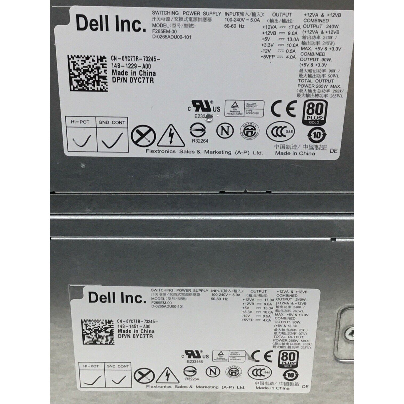 Lot of 2 OEM Dell Optiplex 390 790 990 3847 MT 265W PSU 0YC7TR POWER SUPPLY