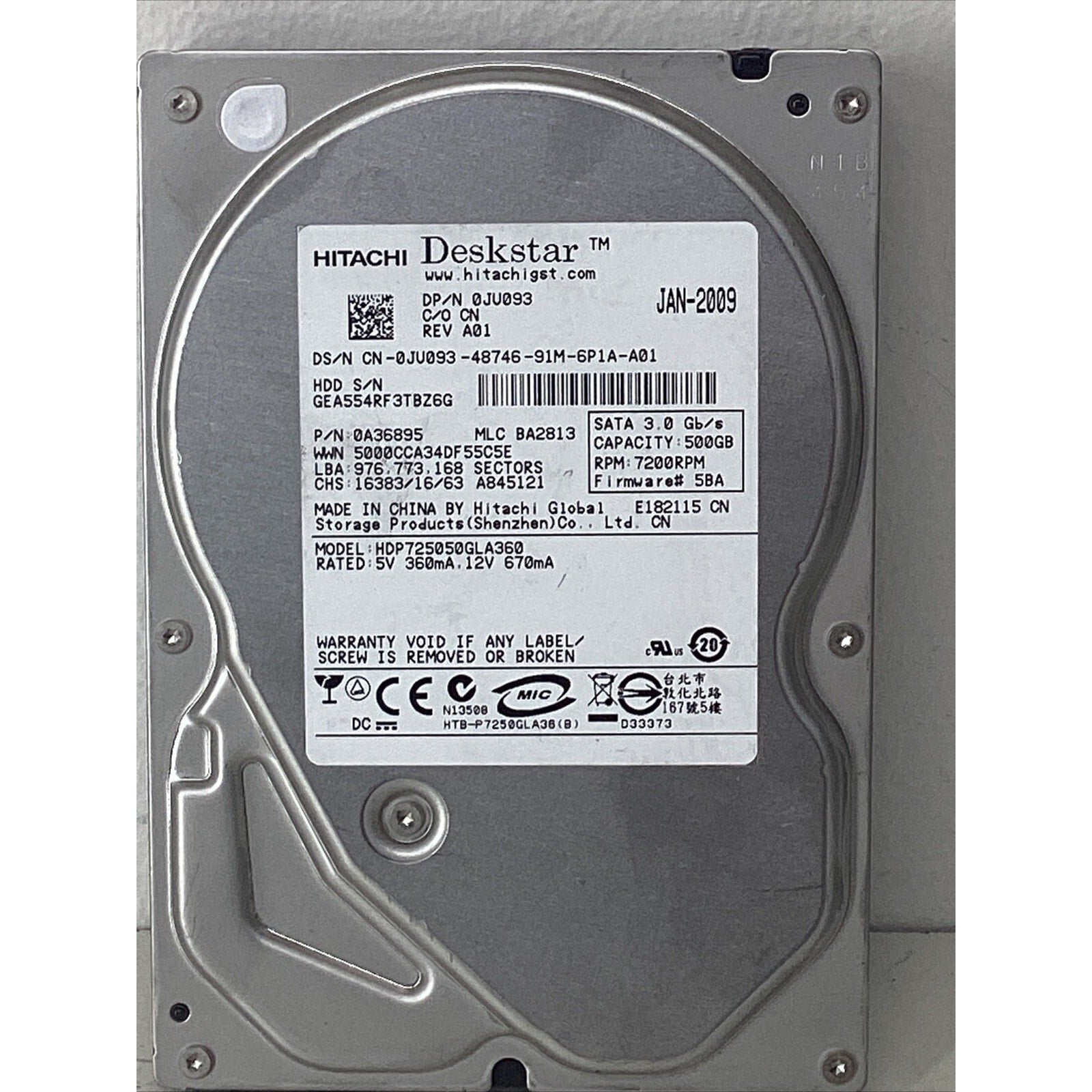 Hitachi HDP725050GLA360 500GB 7200rpm sata 3Gbps 16MB Cache 3.5" HDD
