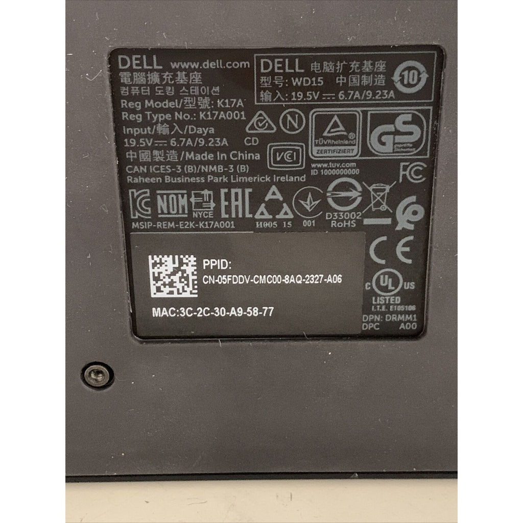 Dell WD15 K17A Docking Station USB-C 4K USB HDMI Ethernet - No Power Adapter
