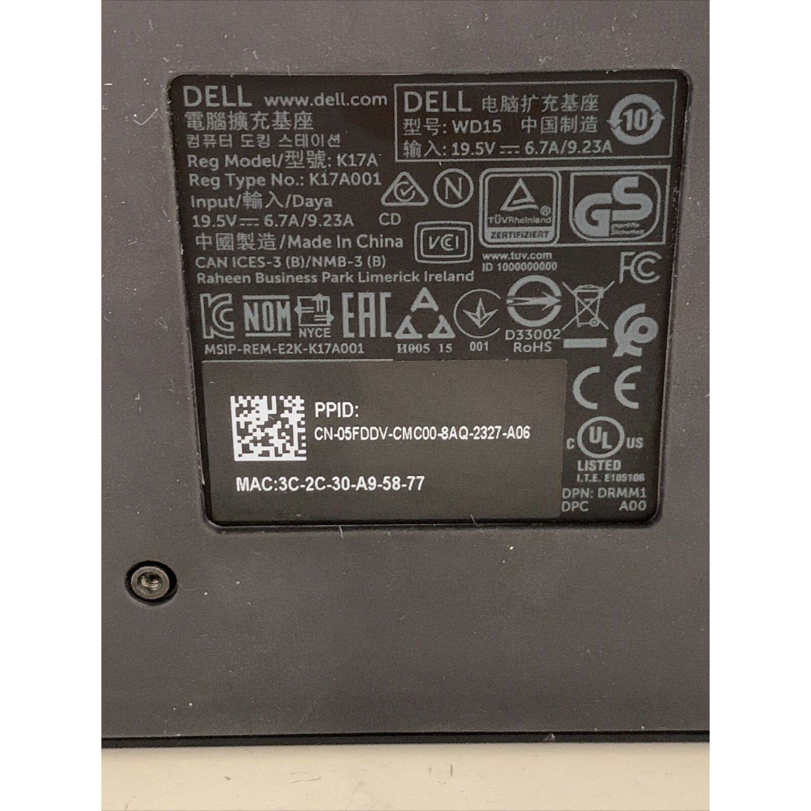 Dell WD15 K17A Docking Station USB-C 4K USB HDMI Ethernet - No Power Adapter