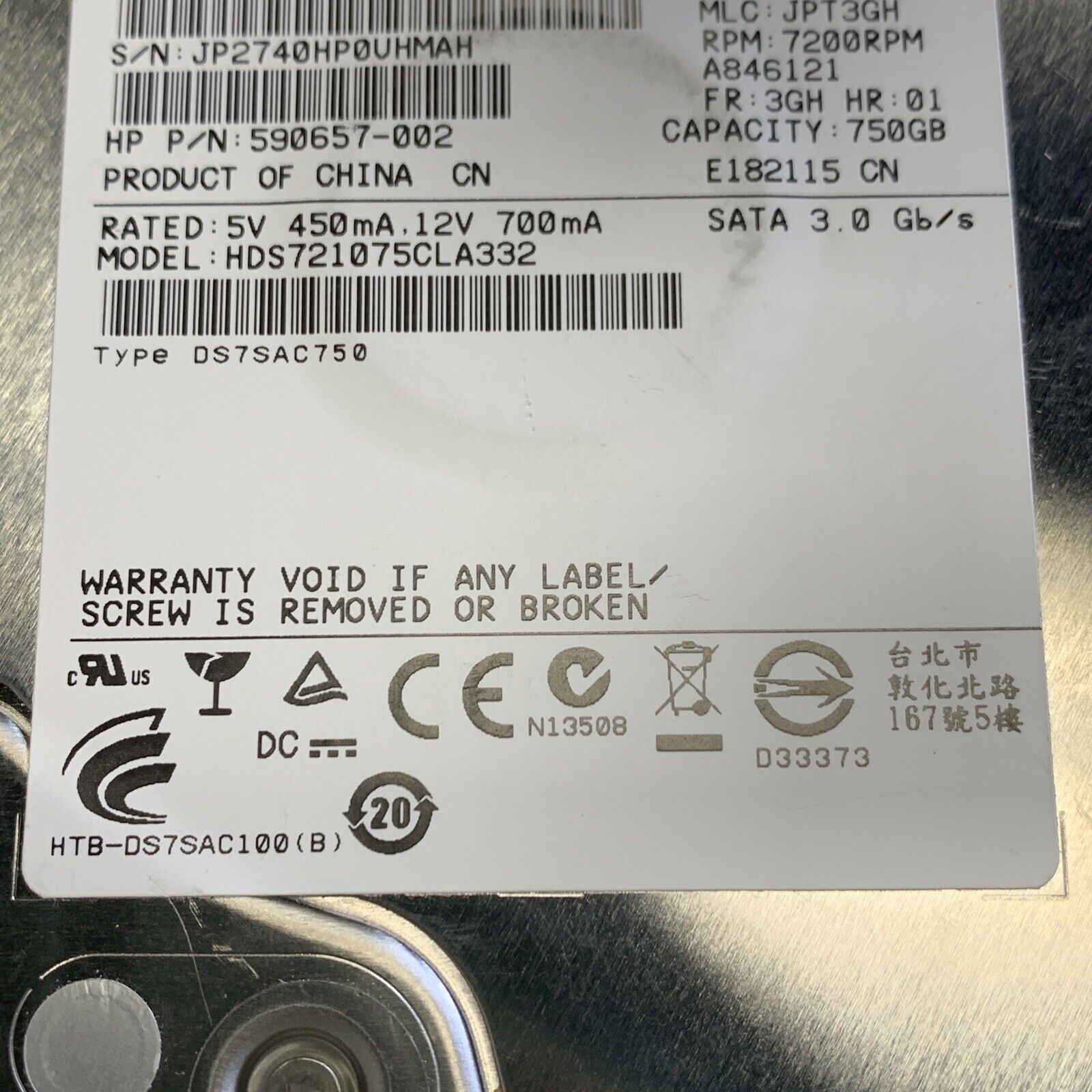 Hitachi 750GB HDD 3.5" SATA Desktop Hard Drive HDS721075CLA332 7200 RPM 0F13655