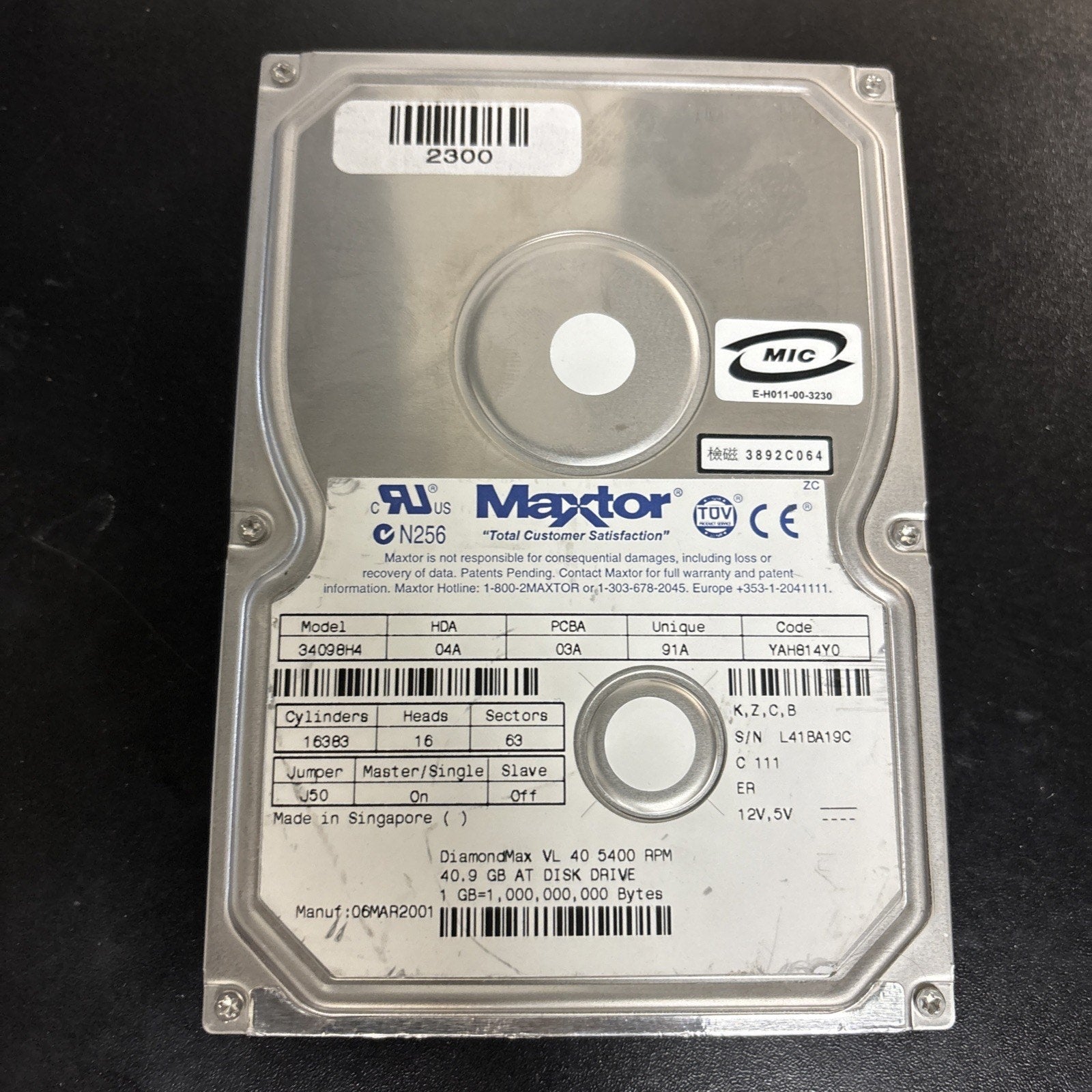 MAXTOR 34098H4 / 34098H4 3.5" 40GB IDE Desktop Hard Drive (USED)