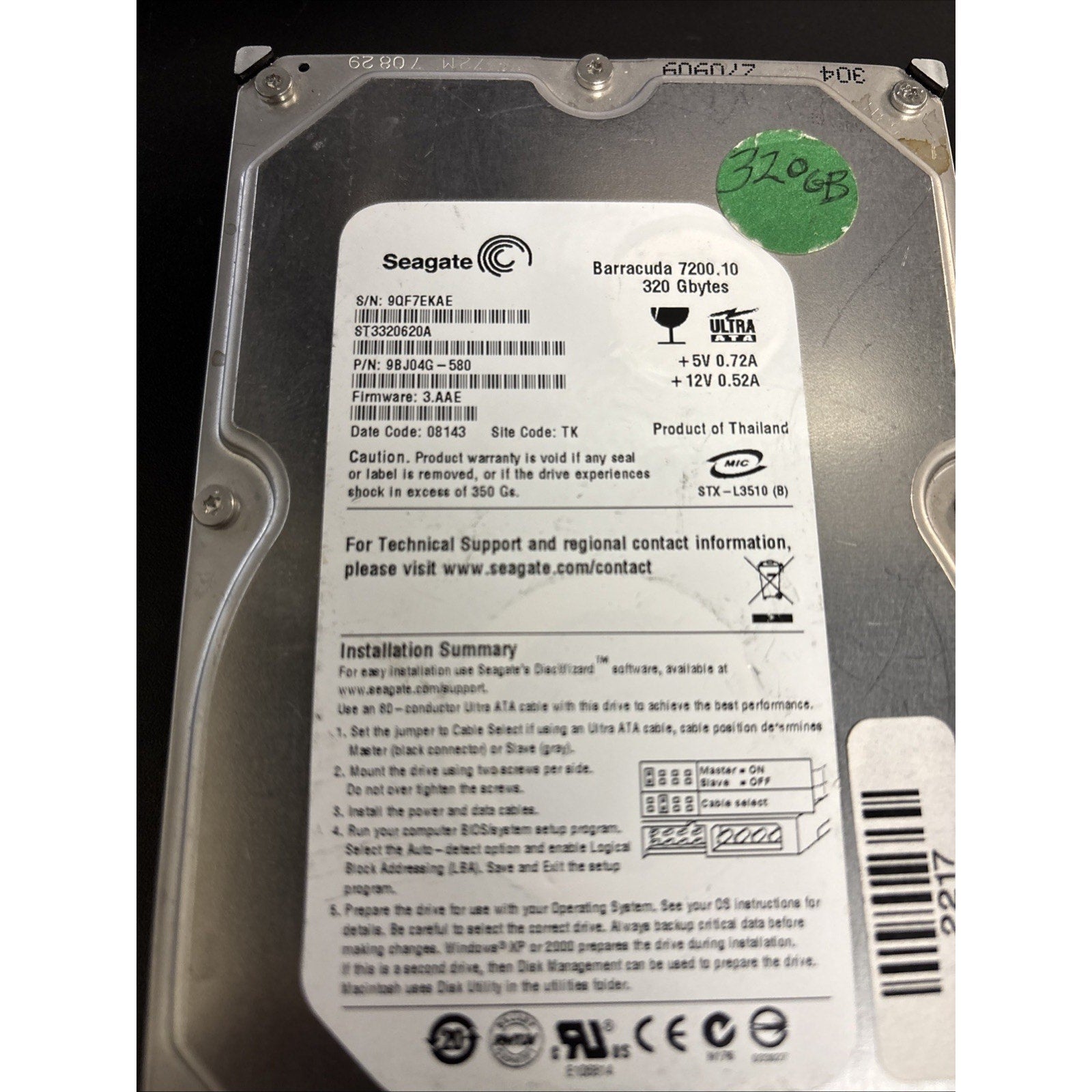 Seagate Barracuda 320GB 7200RPM IDE 3.5" (ST3320620A) HDD Hard Drive for PC