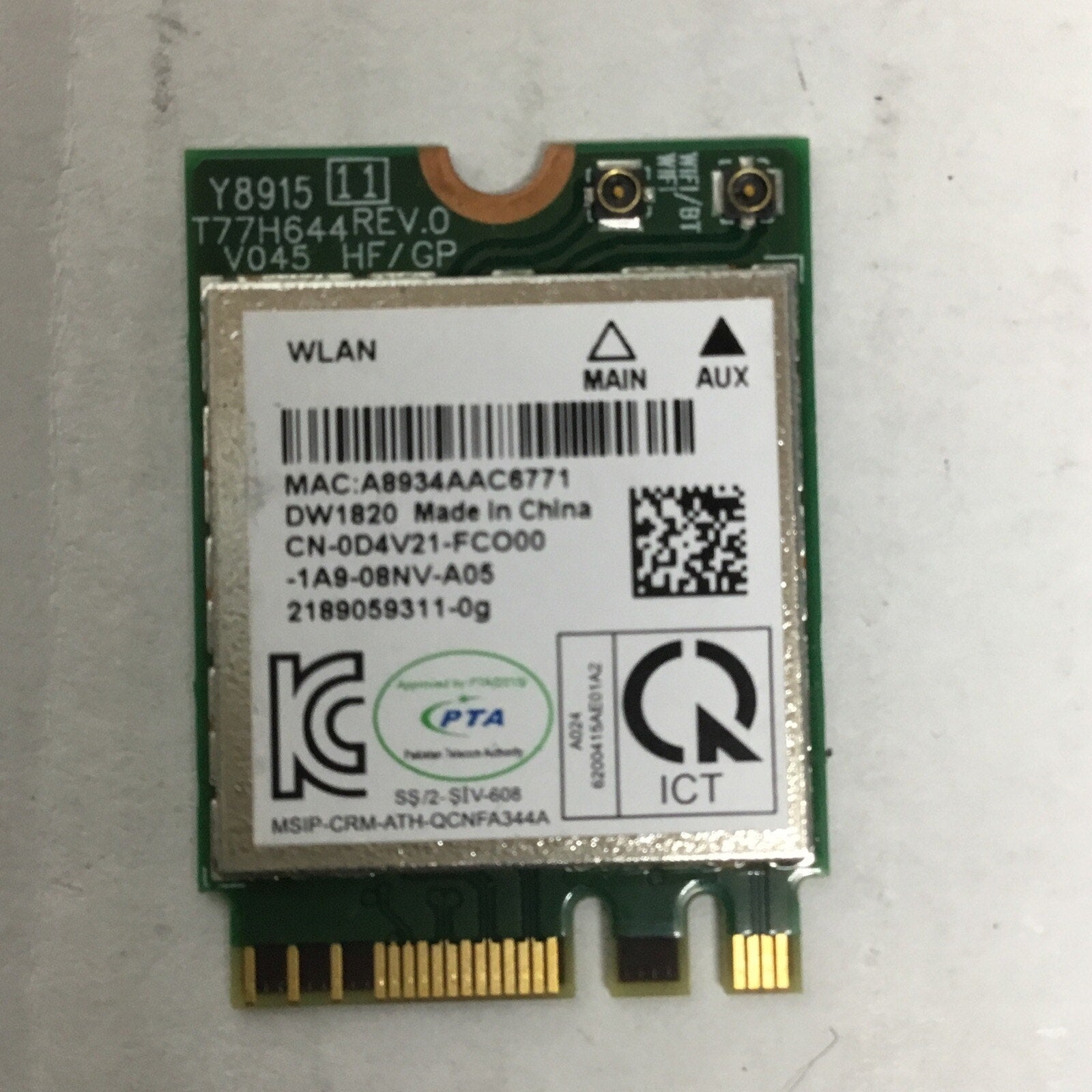 GENUINE DELL LATITUDE 5580 E5570 WIRELESS WIFI CARD DW1820 D4V21 0D4V21 WS
