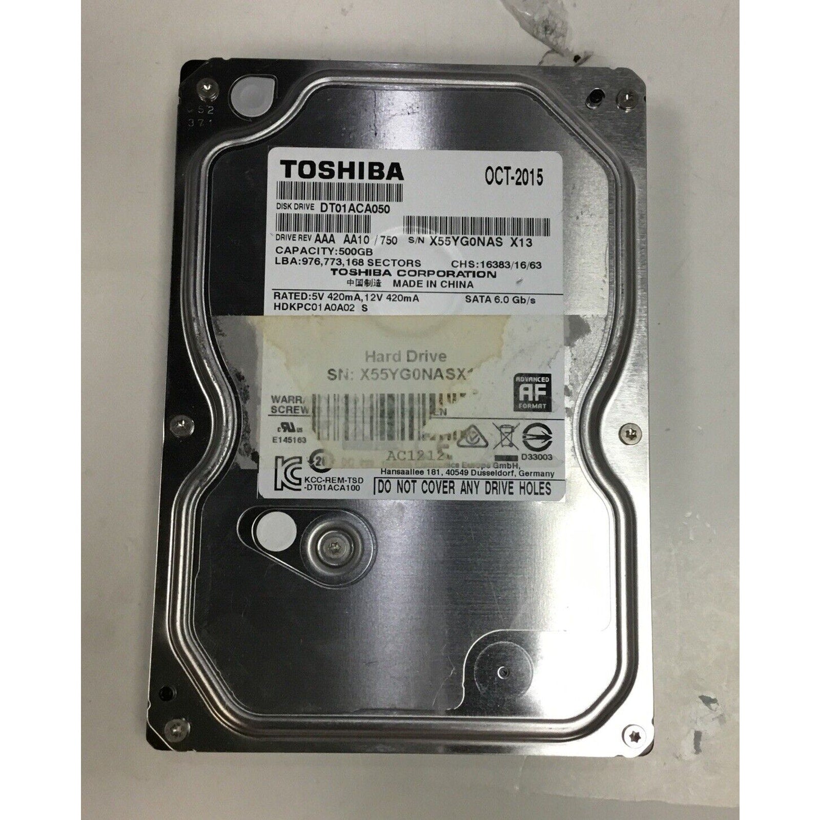 Toshiba 500gb HDD Unknown RPM S/N X55YG0NASX