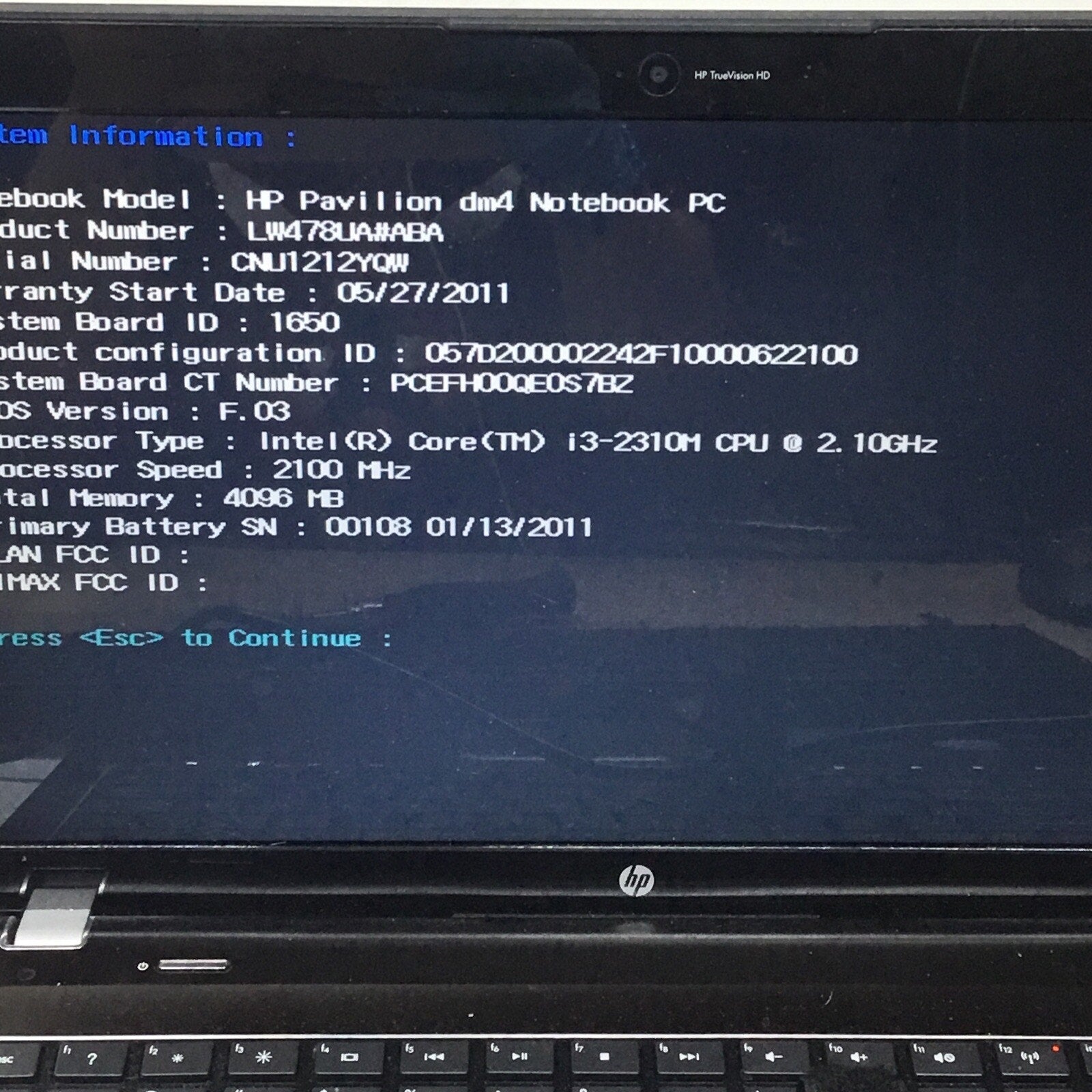 For Parts HP Pavilion dm4 Intel Core i3-2310M 2.1GHz No Adapter No HDD Bad Batt
