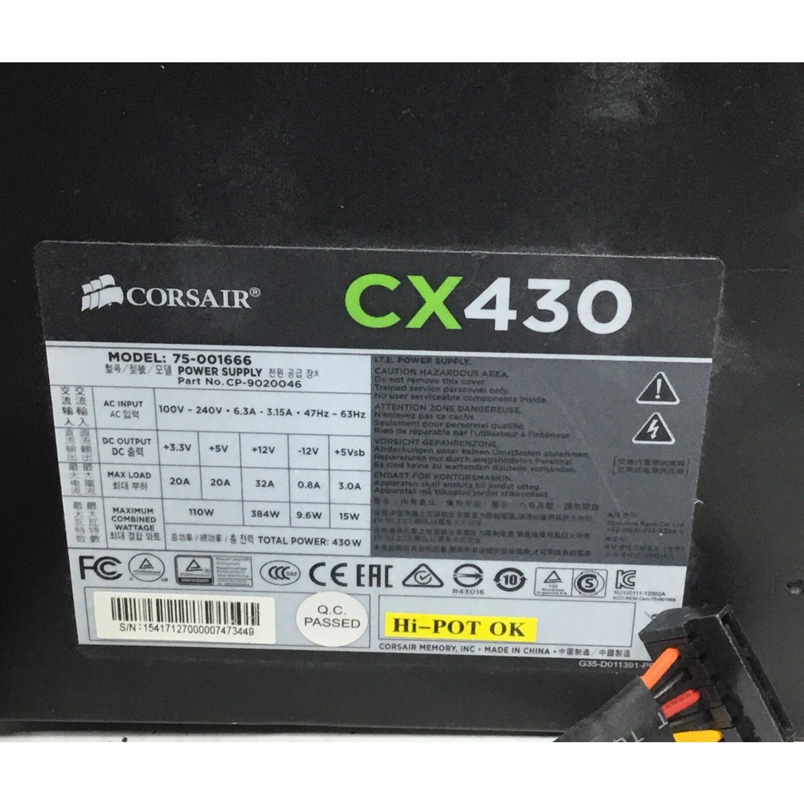 For Parts Corsair CX430 75-001666 430W ATX Desktop Power Supply
