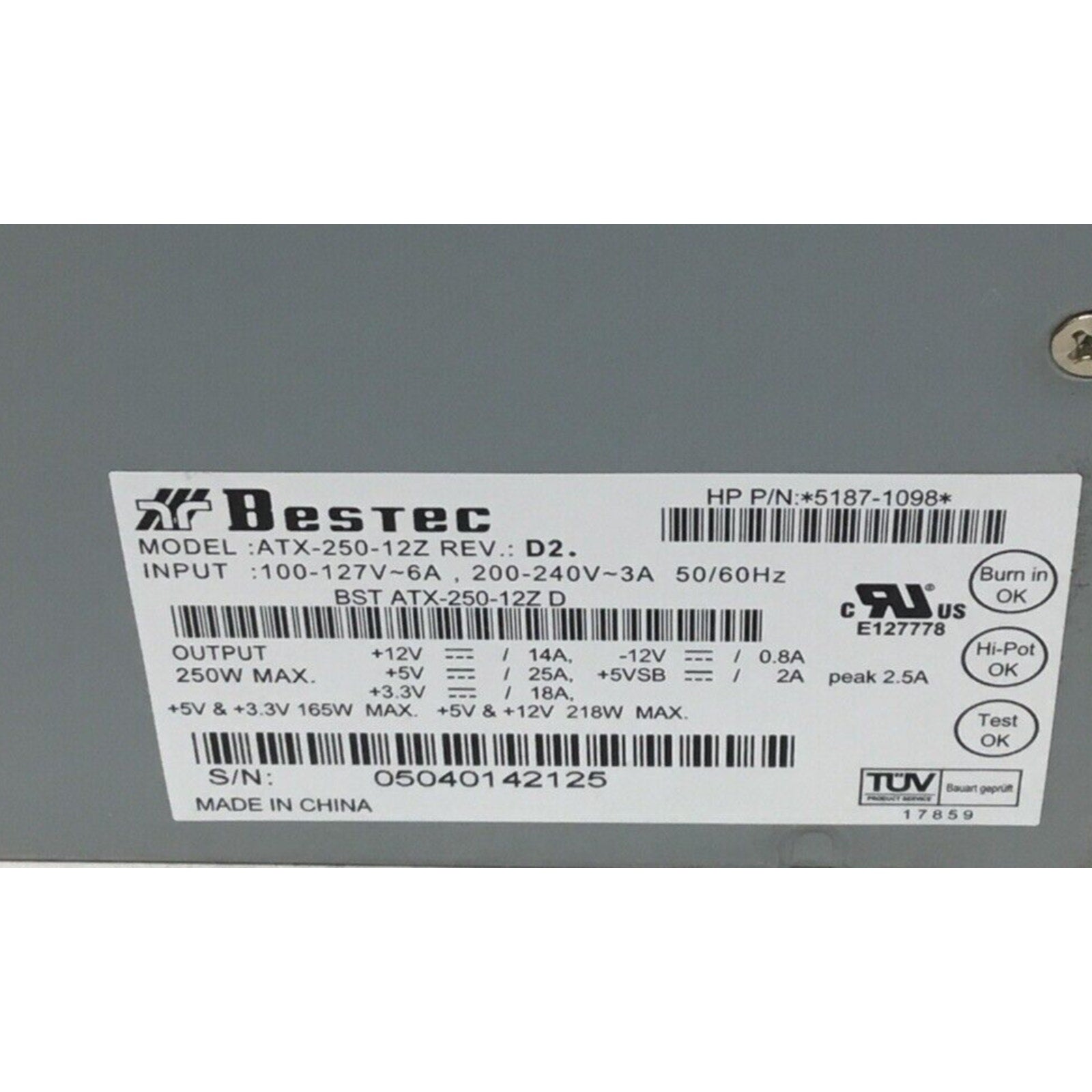 For Parts Only Bestec ATX-250-12Z Rev D2, 250W ATX Power Supply HP 5187-1098