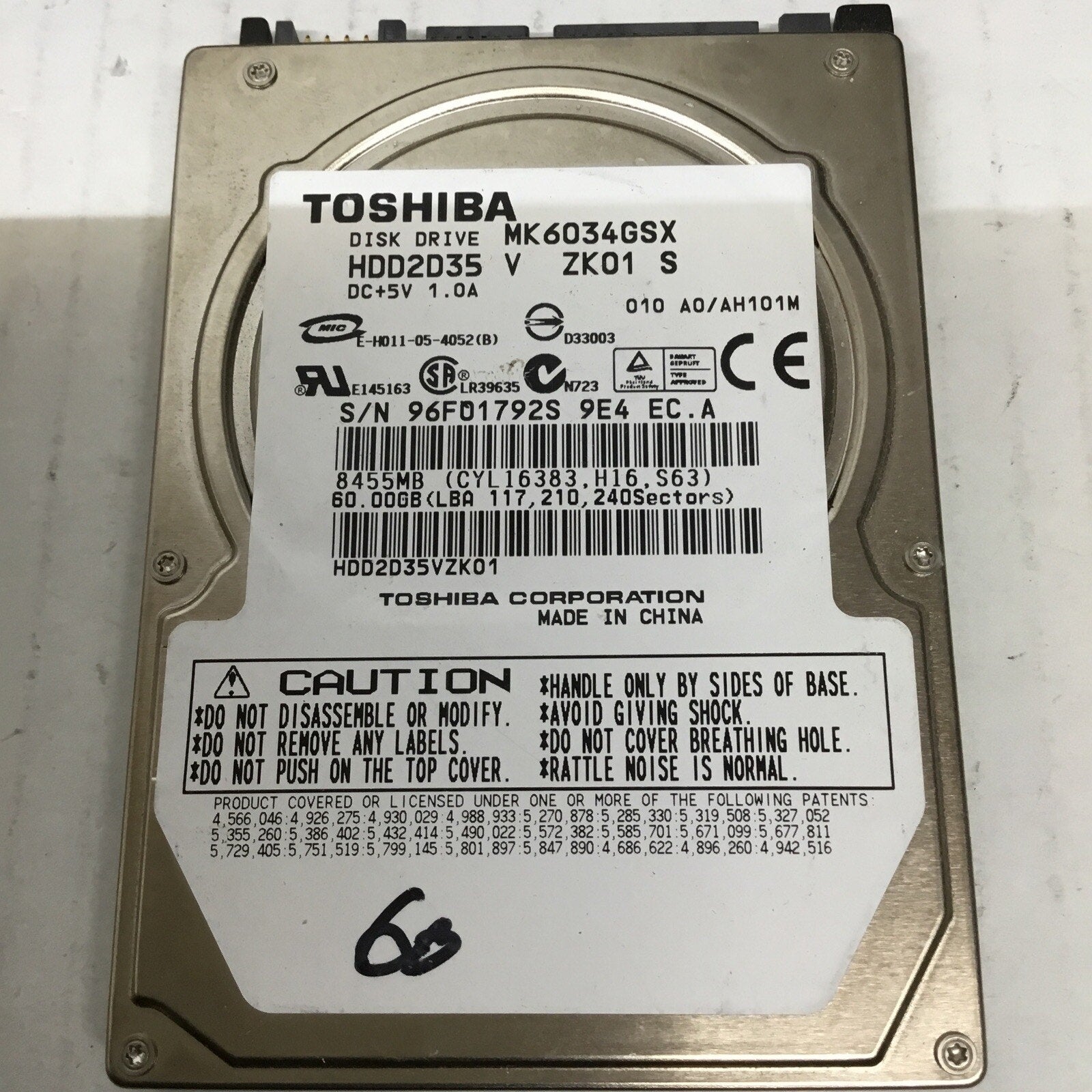TOSHIBA 2.5" 60GB SATA HDD MK6034GSX
