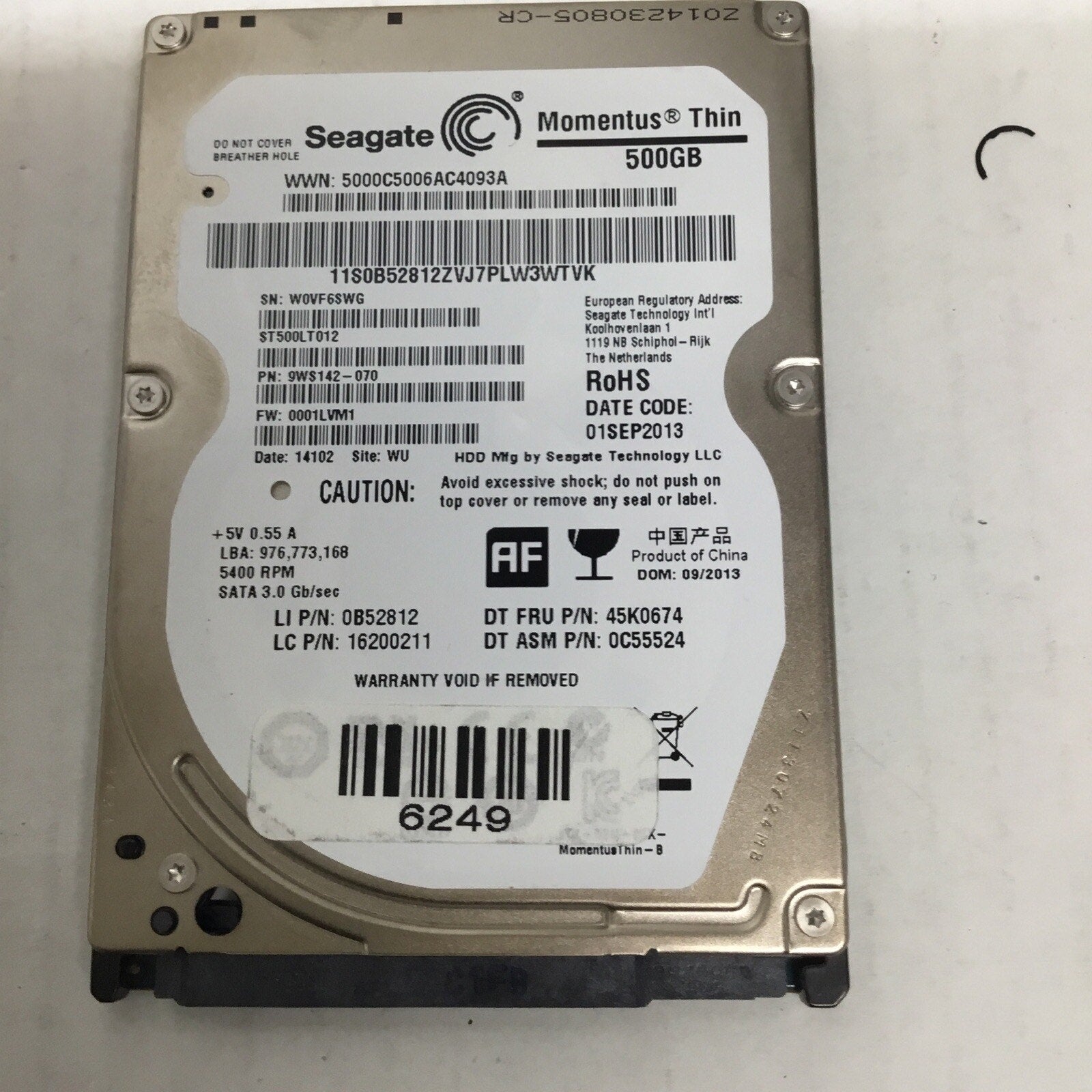 Seagate Momentus Thin ST500LT012 P/N: 9WS142-070 F/W: 0001LVM1 SATA 500GB