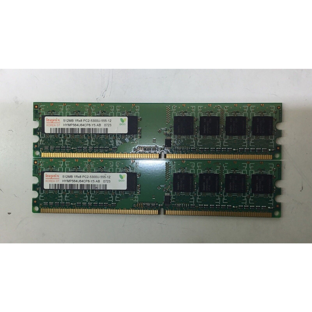 Lot Of 2 - Hynix 1GB (512MBx2) DIMM DDR2 Memory PC2-5300U HYMP564U64CP8-Y5 AB