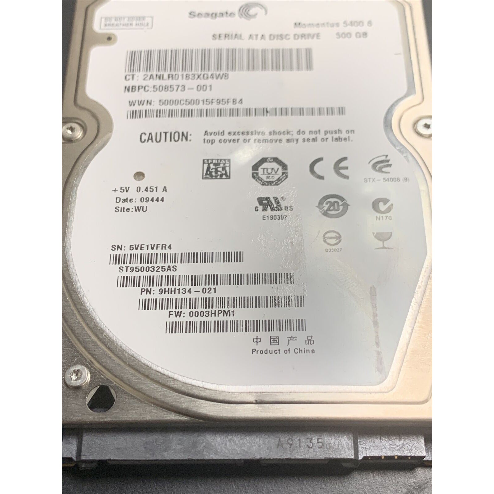 Seagate ST9500325AS P/N:9HH134-021 FW:0003HPM1 Laptop 500GB 2.5" SATA HDD