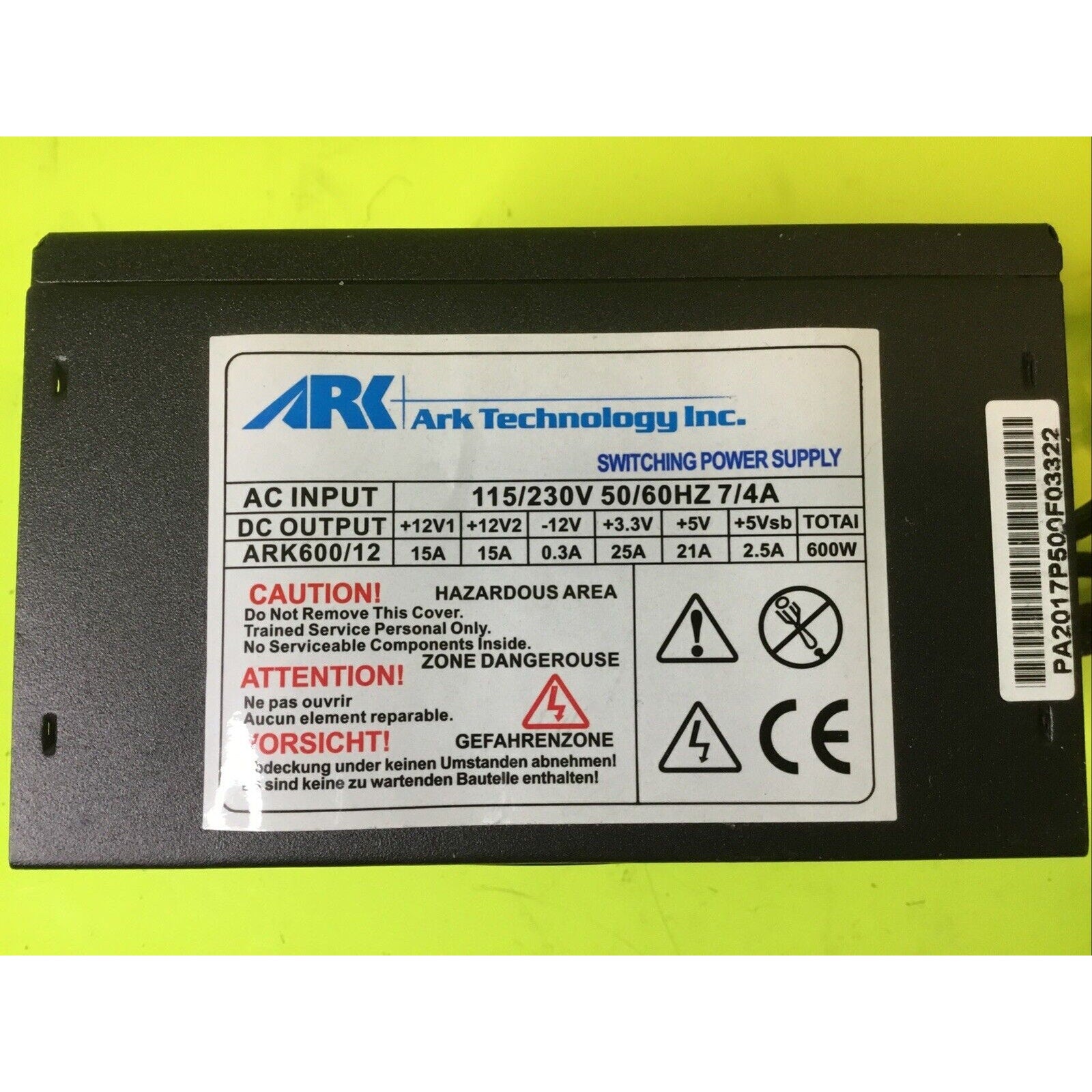 ARK Technology ATX Powersupply ARK600/12 FOR PARTS or REPAIR
