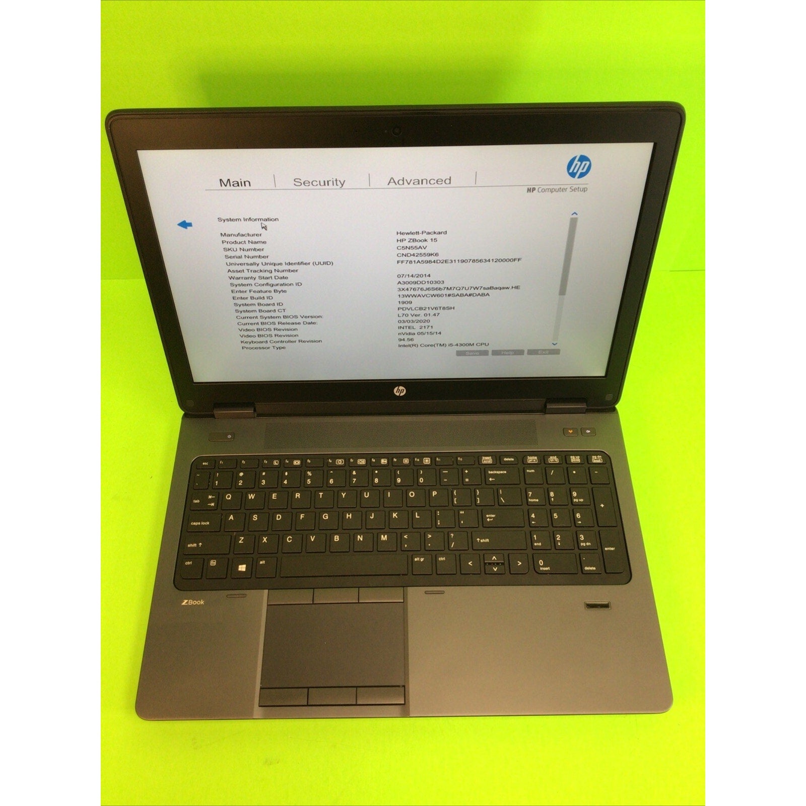 HP Z Book i5-4300M 2.60GHz 16GB No HDD No OS FOR PARTS or REPAIR