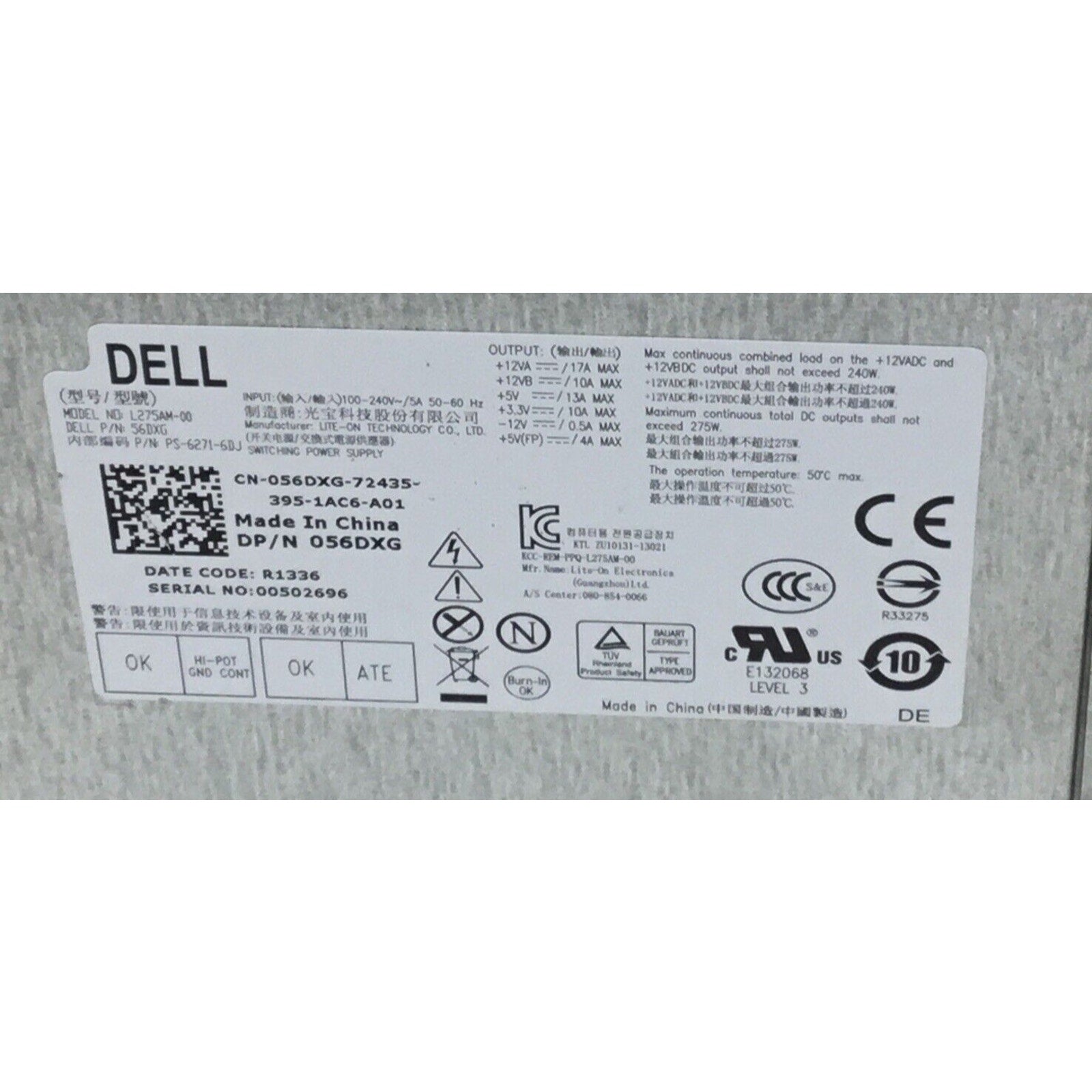 Dell Optiplex 3010 7010 9010 MT Mini Tower 275w Power Supply 56DXG L275M-00