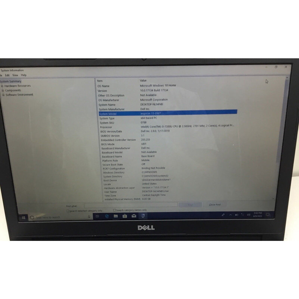 Dell Inspiron 15-3567 Touchscreen Intel Core i5-7200U 256GBHDD 8GB Ram Win10Home