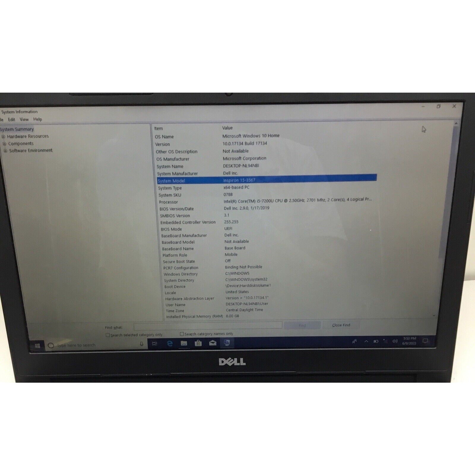 Dell Inspiron 15-3567 Touchscreen Intel Core i5-7200U 256GBHDD 8GB Ram Win10Home