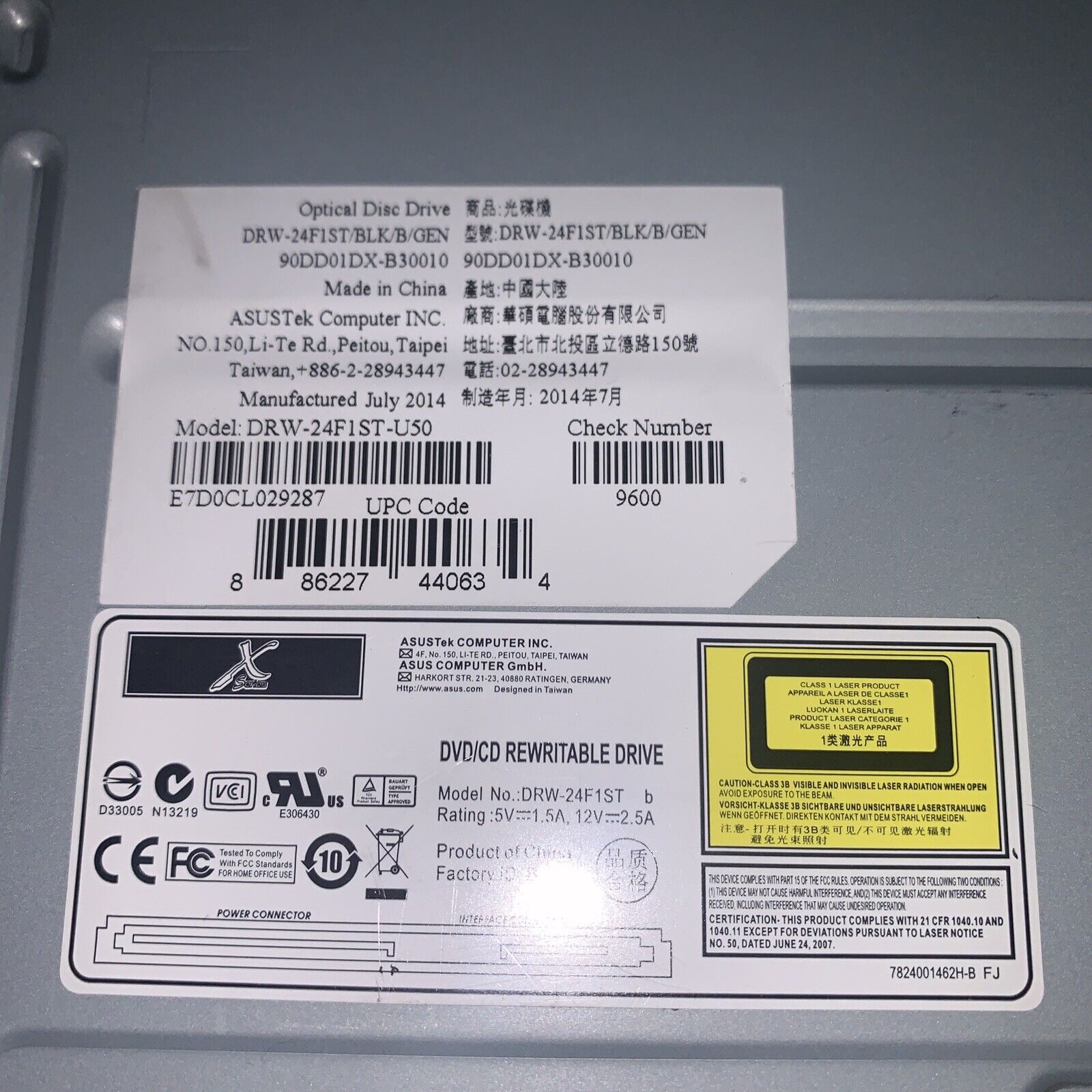 Asus Black SATA 24X DVDRW E-Green No Logo Model DRW-24F1ST/BLK/B/GEN