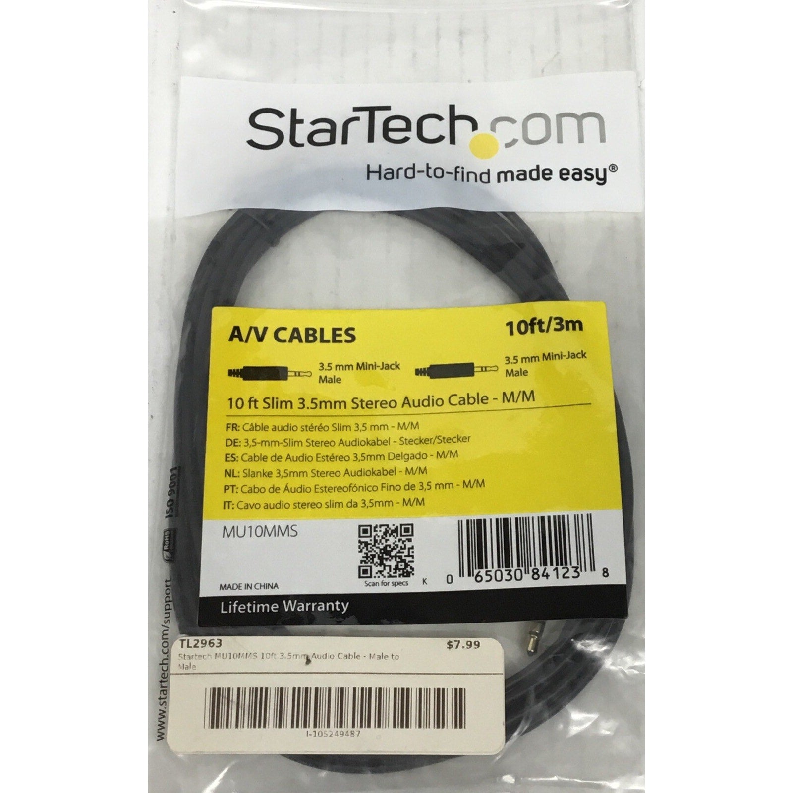 StarTech MU10MMS 10ft 3.5mm Audio Cable - Male to Male
