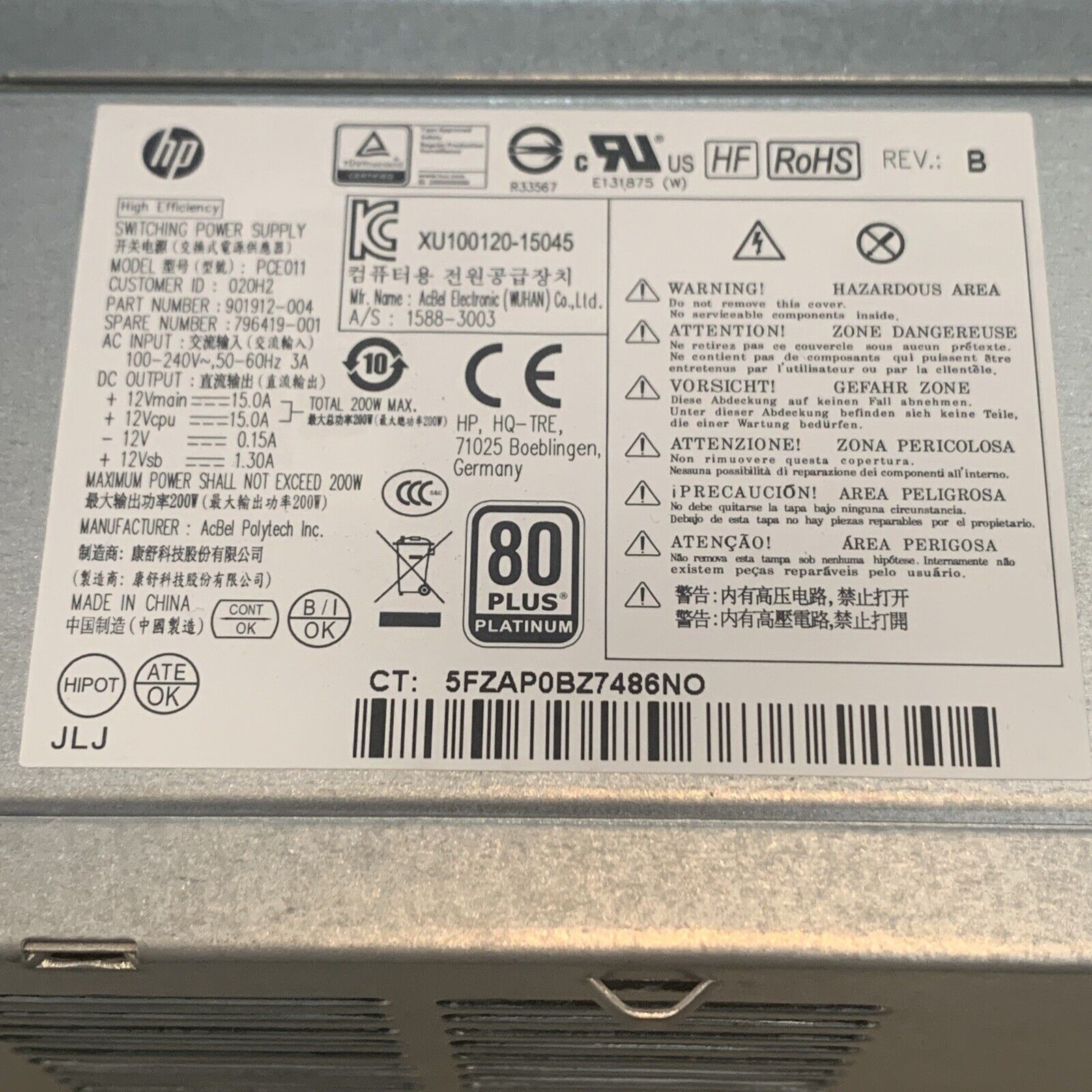 PCE011 HP EliteDesk Prodesk 600 G2 200W Power Supply 796349-001 796419-001