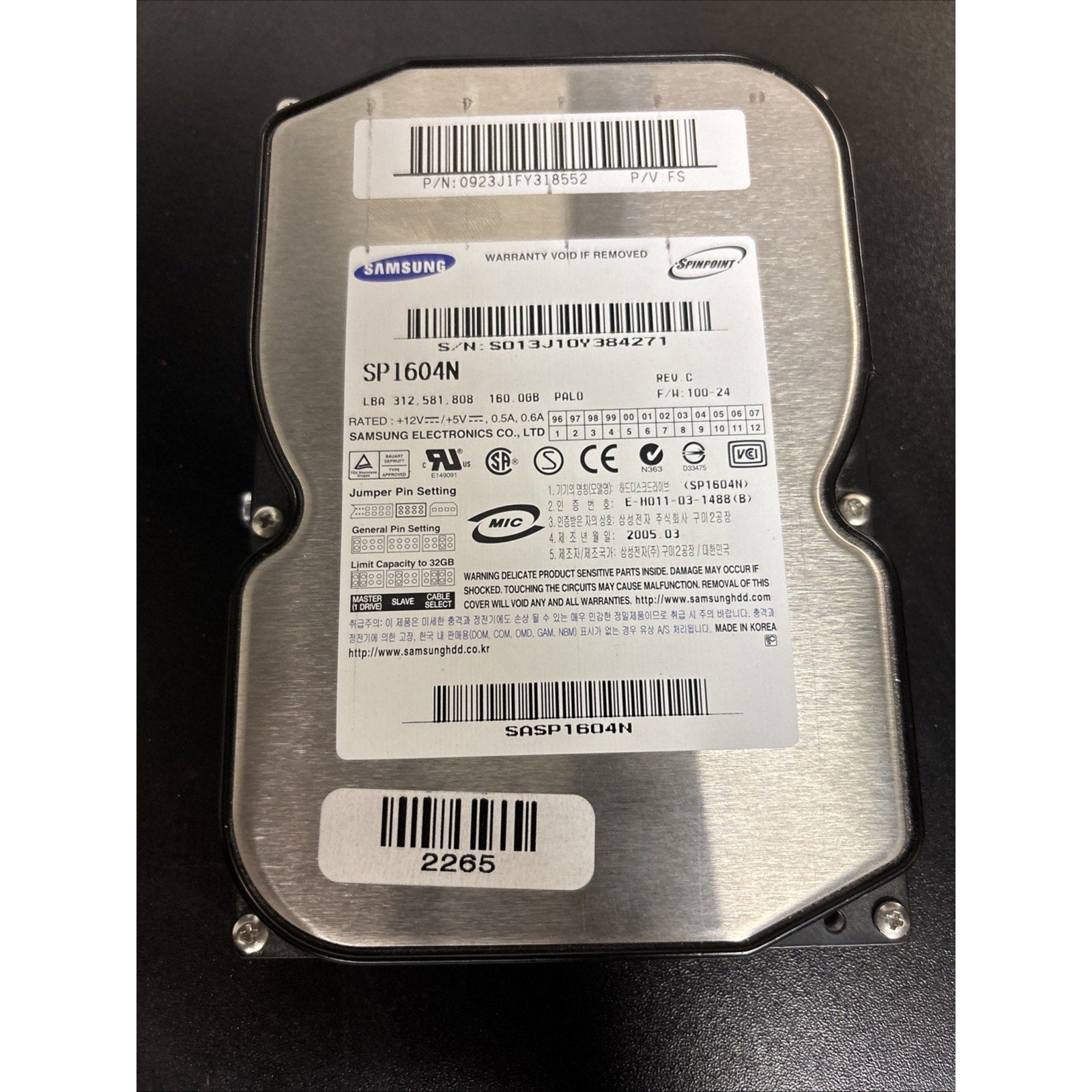 SAMSUNG SP1604N 160GB GB IDE 3.5" Hard Drive SASP1604N P/N: 0923J1FY318552