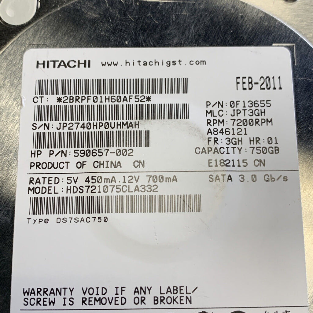 Hitachi 750GB HDD 3.5" SATA Desktop Hard Drive HDS721075CLA332 7200 RPM 0F13655