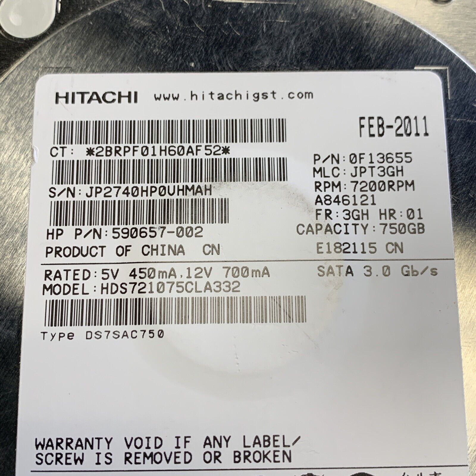 Hitachi 750GB HDD 3.5" SATA Desktop Hard Drive HDS721075CLA332 7200 RPM 0F13655