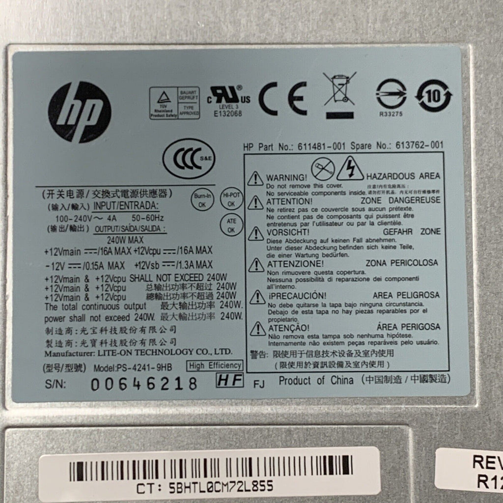 HP Switching Power Supply Model PS-4241-9HB P/N 611481-001 / 613762-001 240W