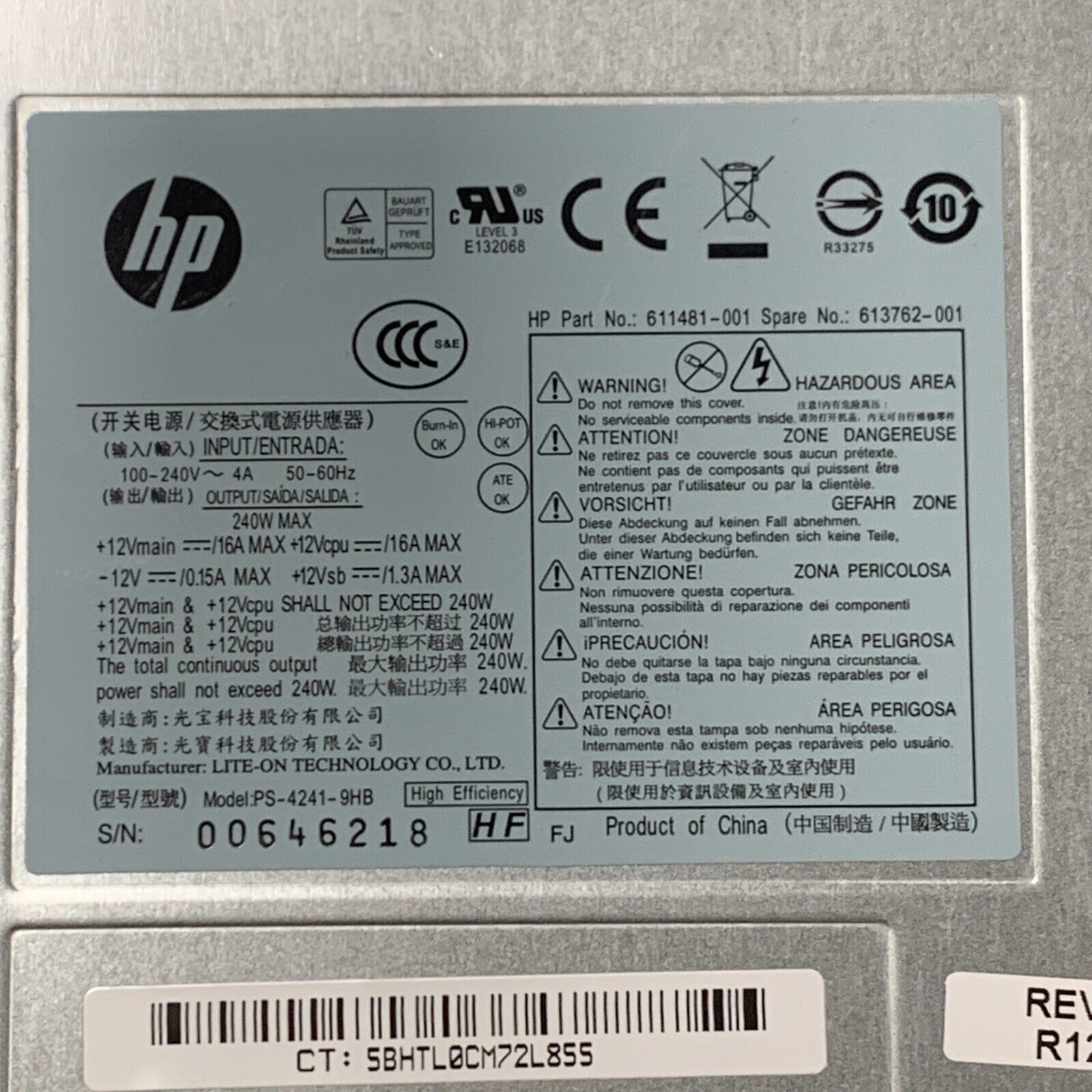 HP Switching Power Supply Model PS-4241-9HB P/N 611481-001 / 613762-001 240W