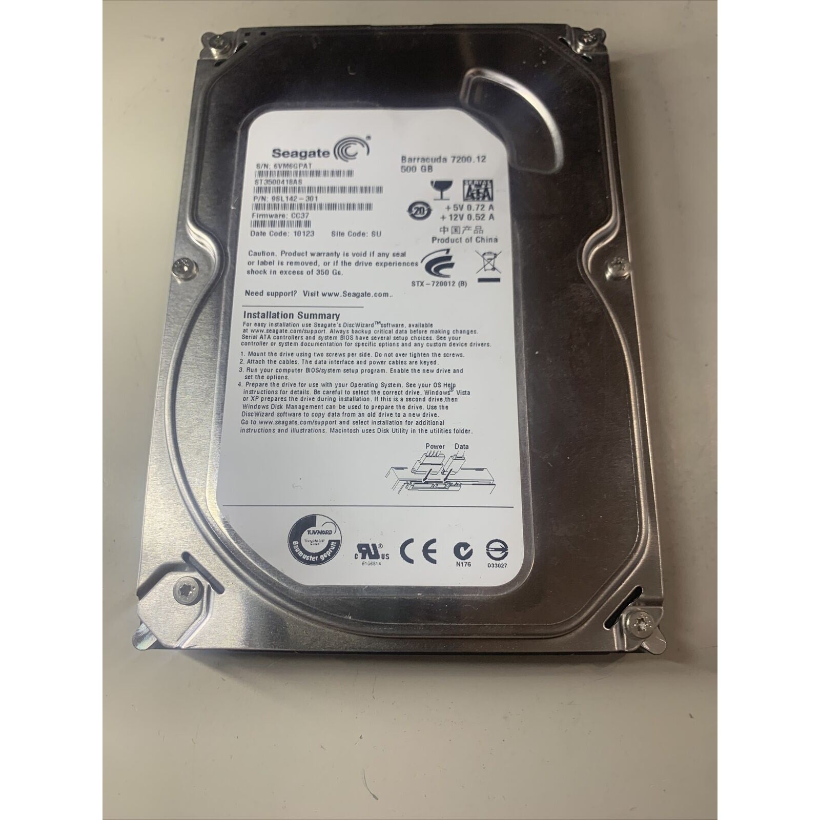 Seagate ST3500418AS Barracuda PN 9sL142-301 FW CC37 500GB 3.5" SATA Hard Drive