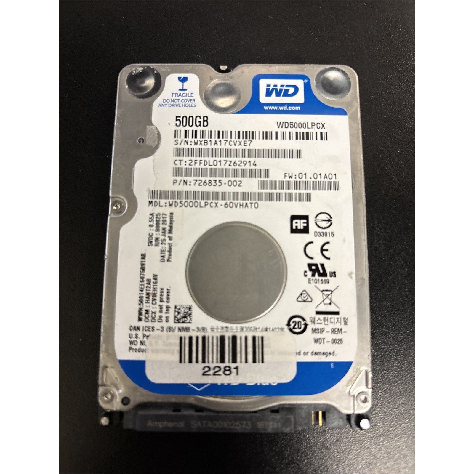 WD BLUE 500Gb 2.5" SATA HDD WD5000LPCX-60VHAT0 726835-002 5400RPM FW: 01.01A01