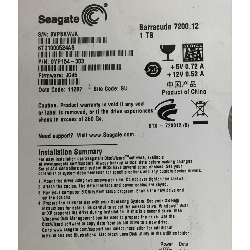 ST3100524AS - Hard Drive (1TB, 3.5", 7200, Sata) 9yp154-303